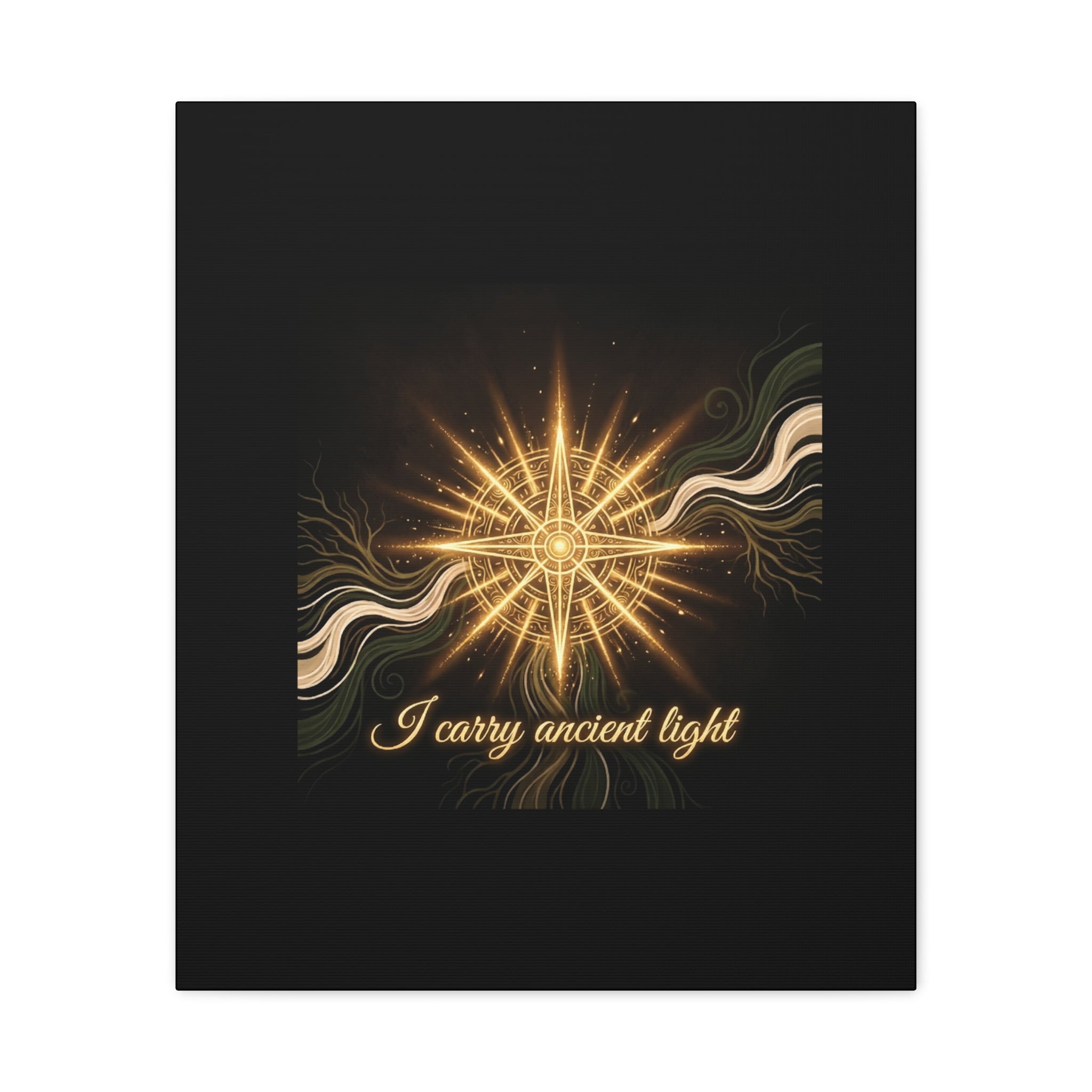 Matte canvas wall art titled "I Carry Ancient Light" featuring a golden compass design, by Printify for home decor.
