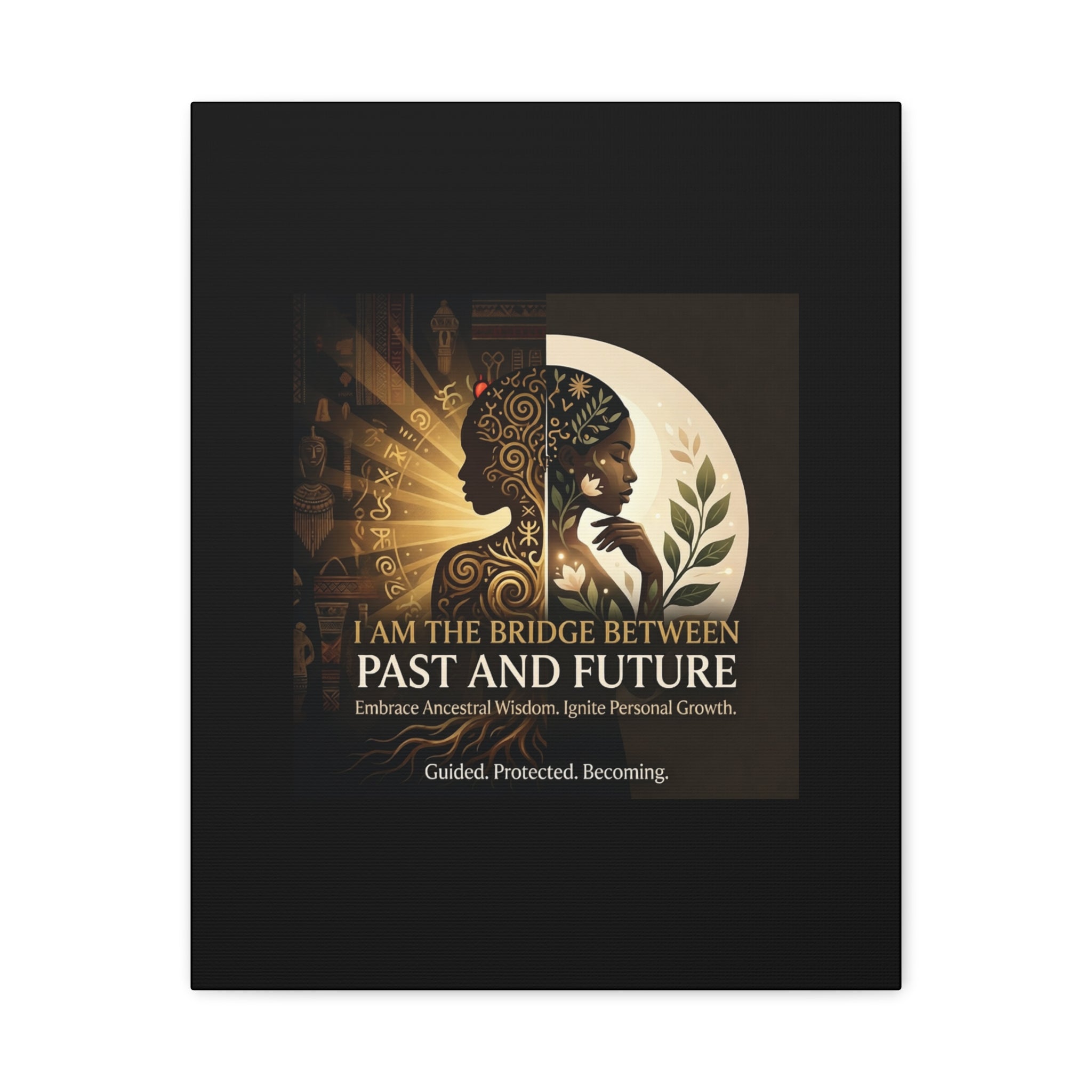 Canvas wall art titled "I Am the Bridge Between Past and Future" by Printify, featuring abstract design in vibrant colors.