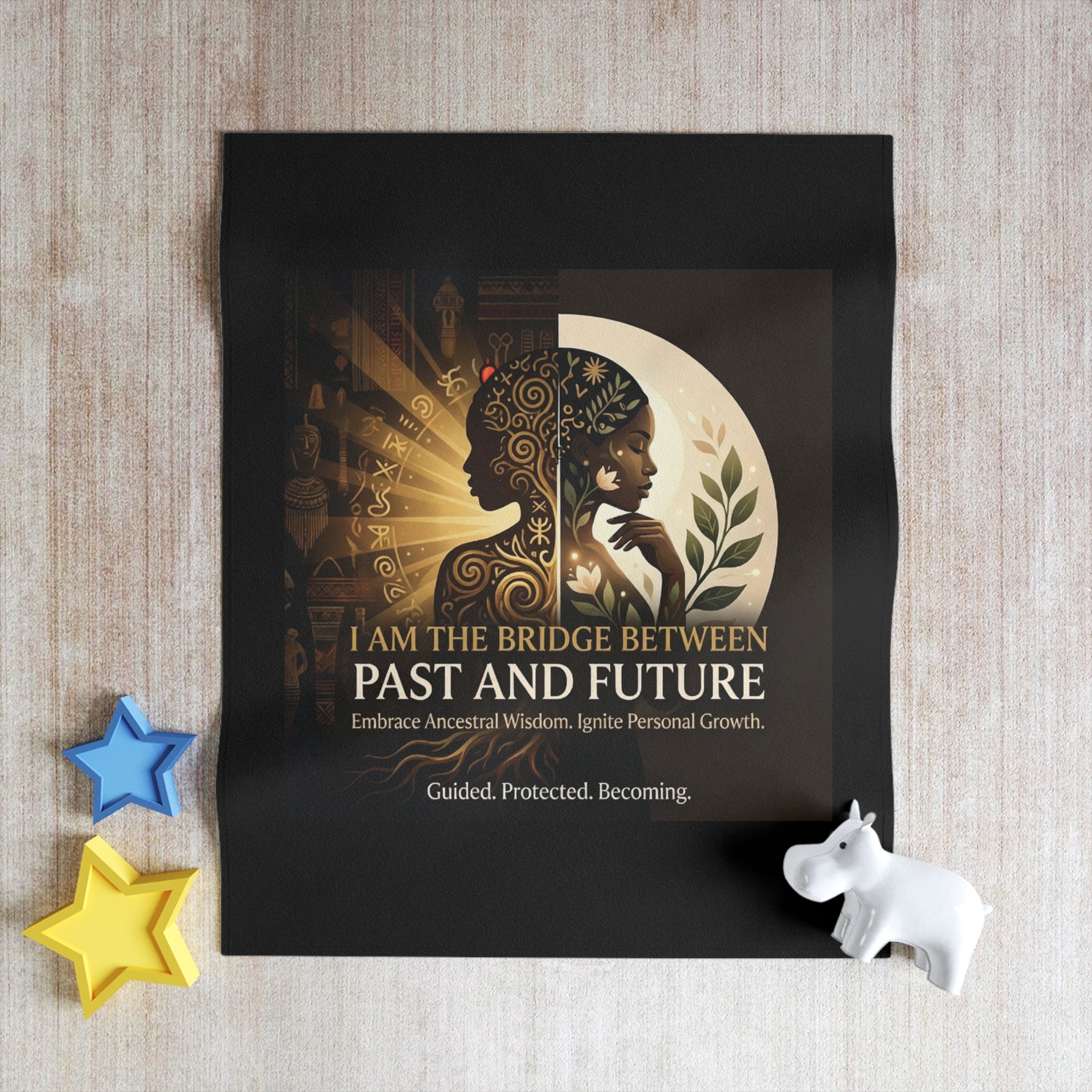 Inspirational throw blanket by Printify featuring "I Am the Bridge Between Past and Future" design with ancestral wisdom.