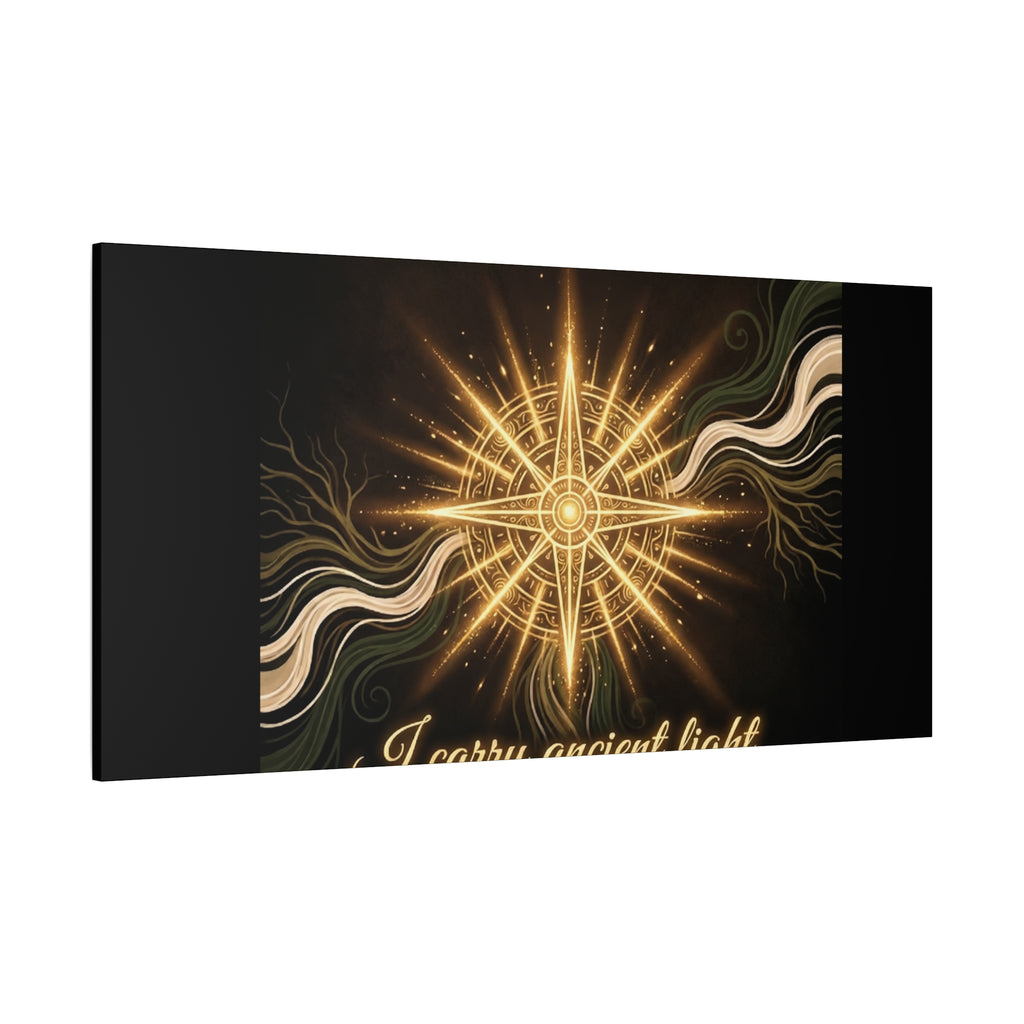 Matte canvas wall art titled "I Carry Ancient Light" featuring a golden compass design, suitable for modern home decor.