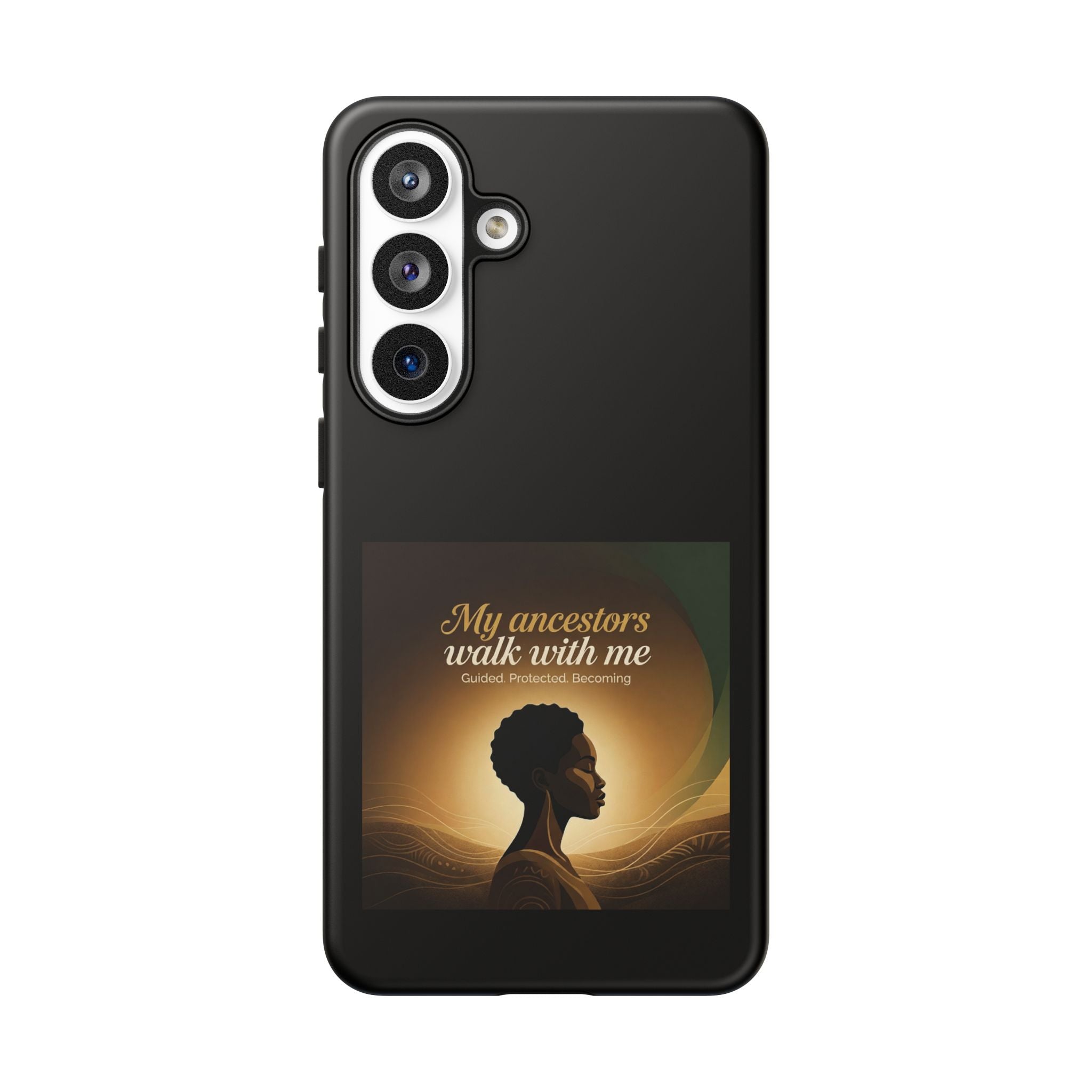 Black phone case with inspirational text and heritage artwork, designed to protect your phone with a meaningful message.