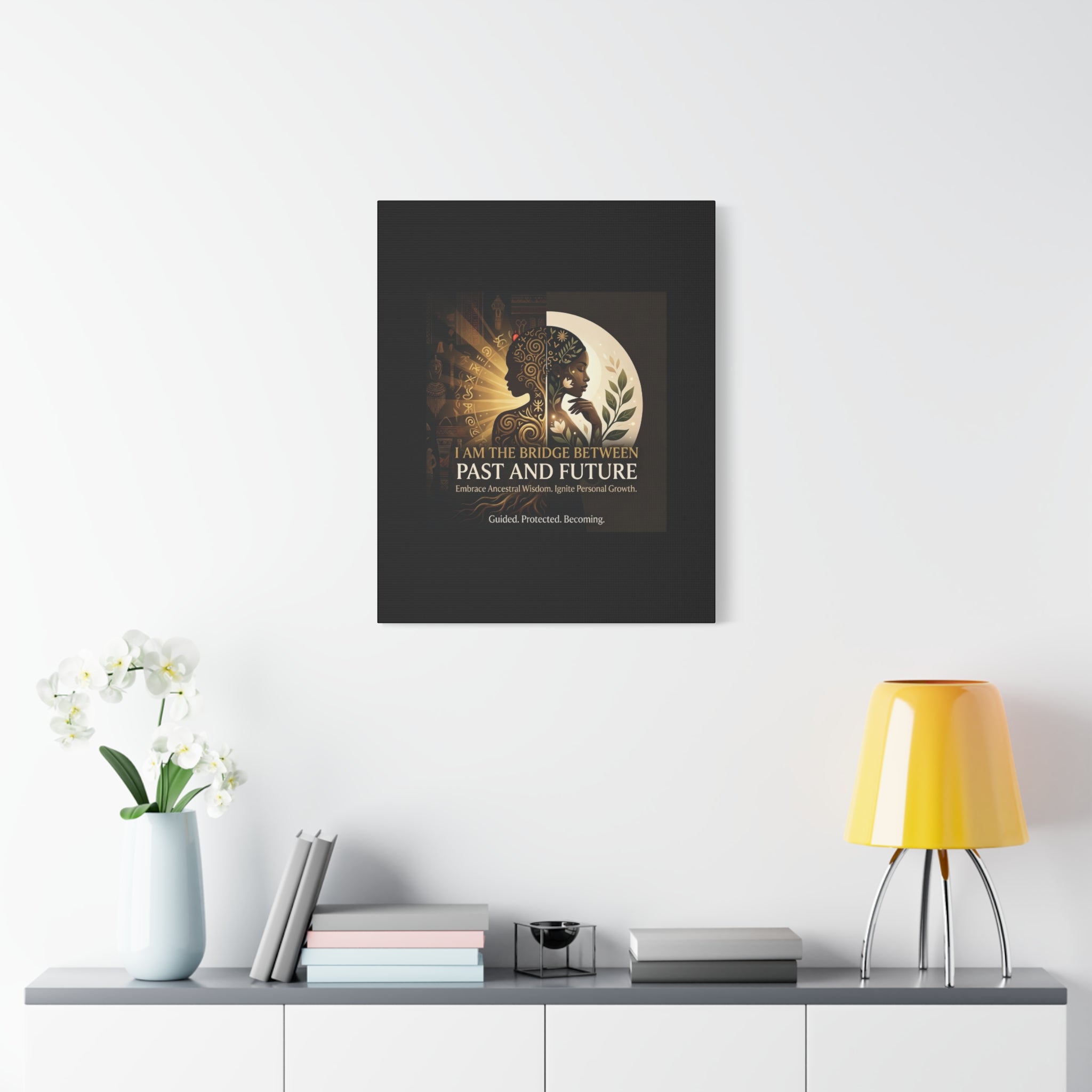 Canvas wall art titled "I Am the Bridge Between Past and Future" by Printify, featuring a vibrant abstract design.