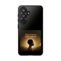 Black phone case with inspirational text "My Ancestors Walk With Me" for iPhone, featuring protective design and black heritage theme.