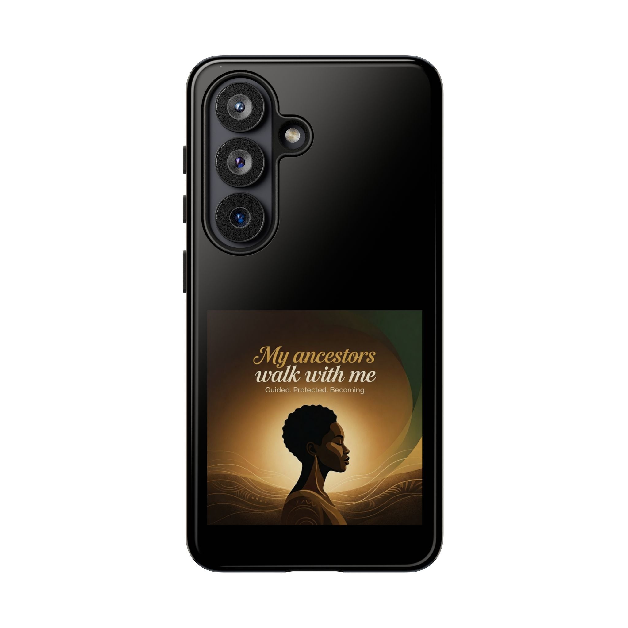 Black phone case with inspirational text "My Ancestors Walk With Me" for iPhone, featuring protective design and black heritage theme.
