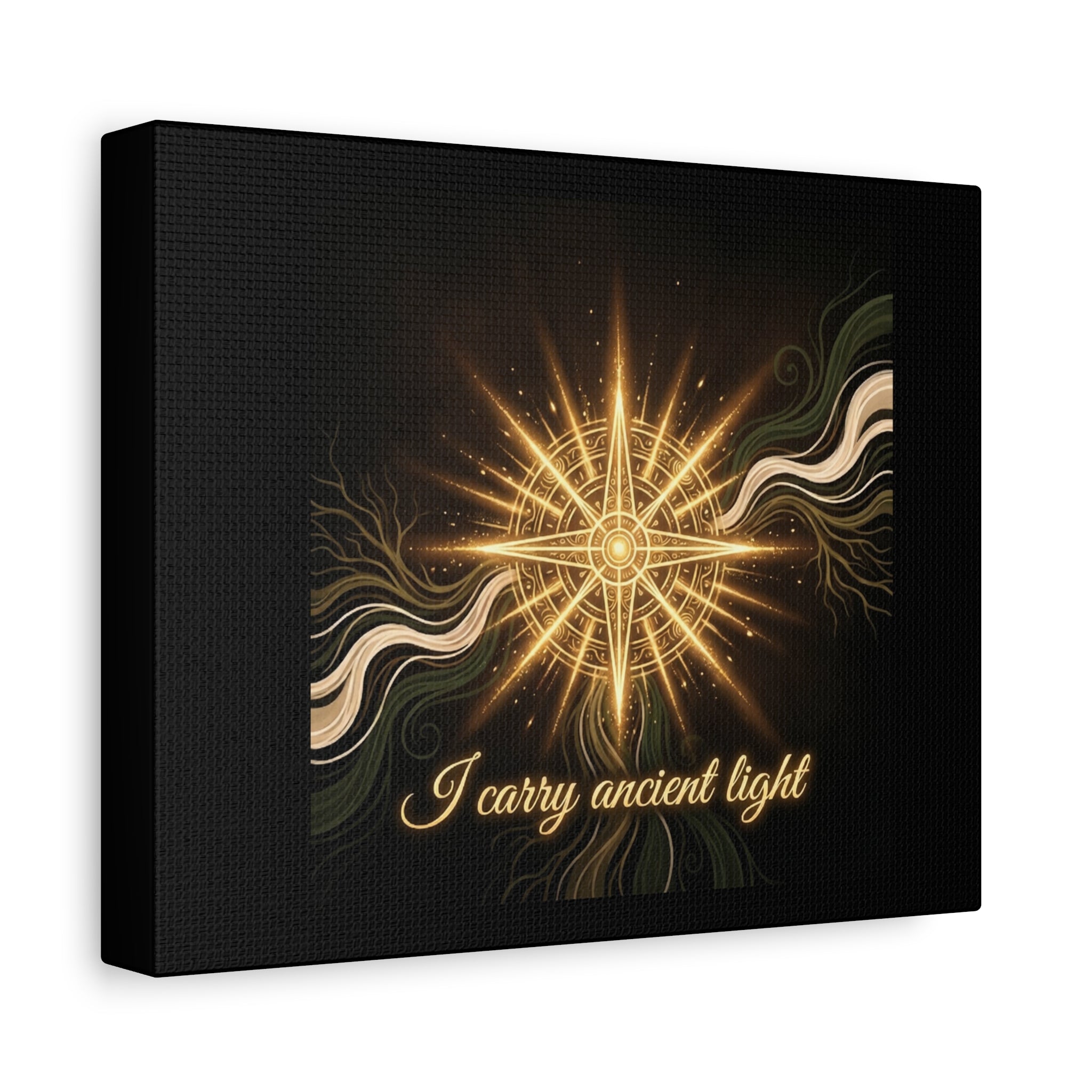 Matte canvas wall art titled "I Carry Ancient Light" featuring a golden compass design, ideal for elegant home decor.