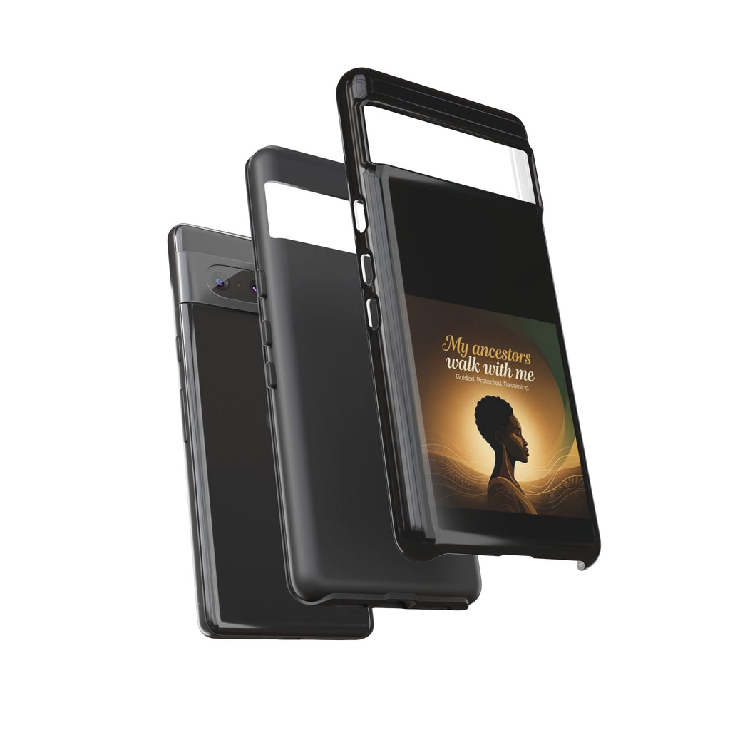 Black heritage phone case with inspirational design, protective cover for smartphone, featuring meaningful cultural artwork.