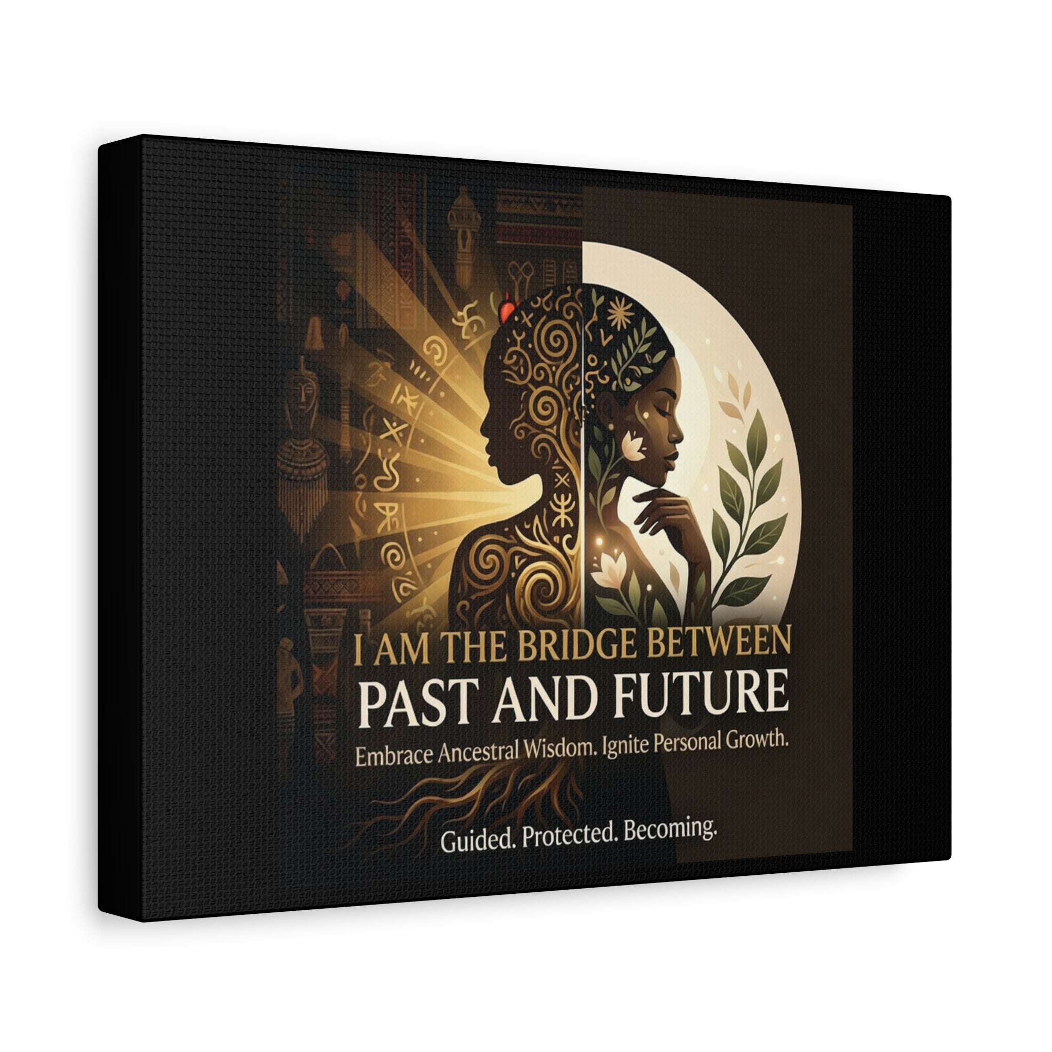 Canvas wall art titled "I Am the Bridge Between Past and Future" by Printify, showcasing a vibrant, abstract design.