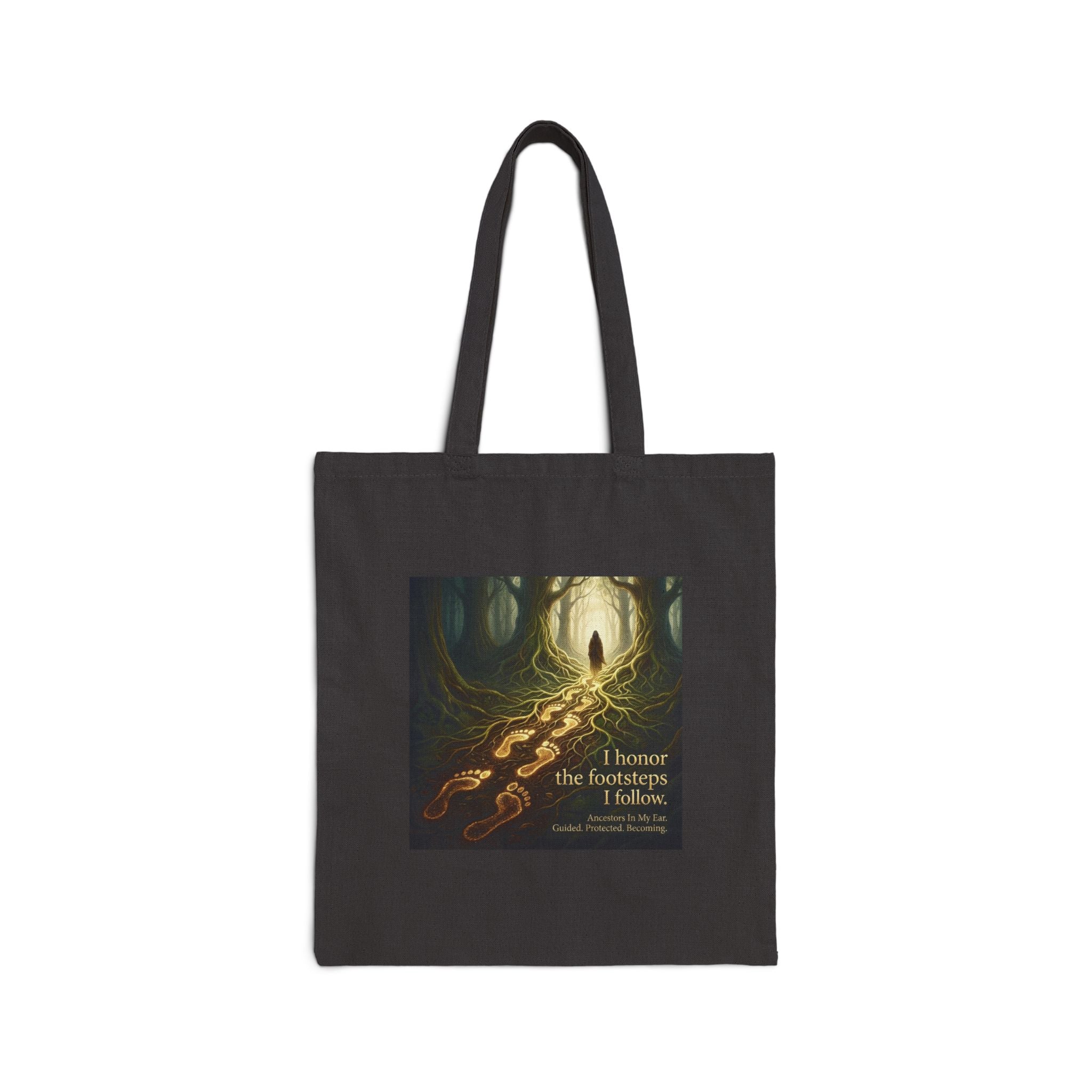 Canvas tote bag featuring a forest path design with the quote "I Honor the Footsteps I Follow" by Printify.