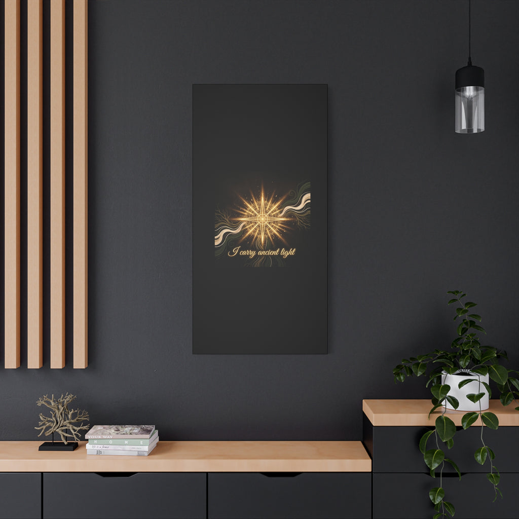 Matte canvas wall art titled "I Carry Ancient Light" featuring a golden compass design, by Printify.