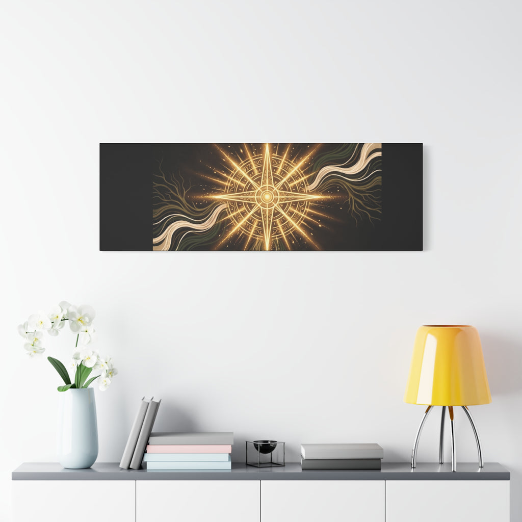 Matte canvas wall art titled "I Carry Ancient Light" featuring a golden compass design, printed by Printify.