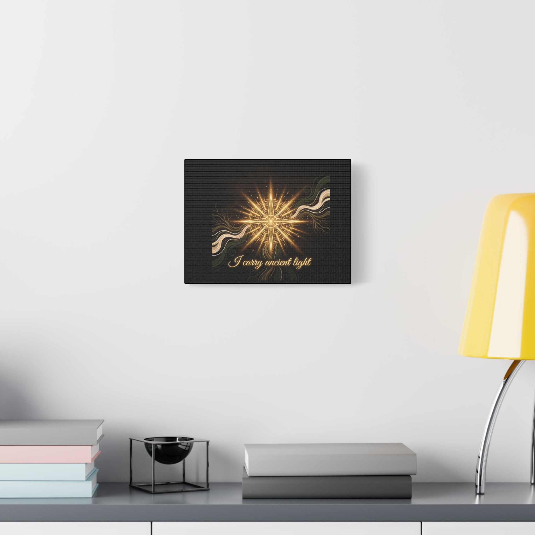 Matte canvas wall art titled "I Carry Ancient Light" featuring a golden compass design, suitable for wall decor.