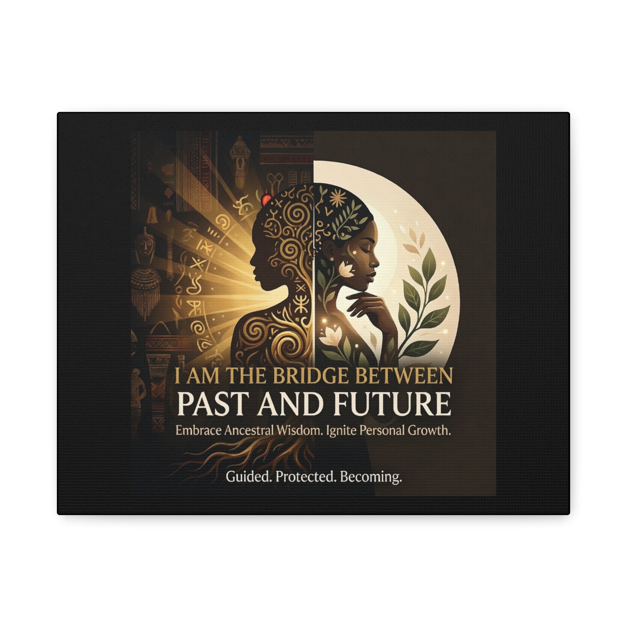 Canvas wall art titled "I Am the Bridge Between Past and Future" by Printify, featuring abstract design and vibrant colors.