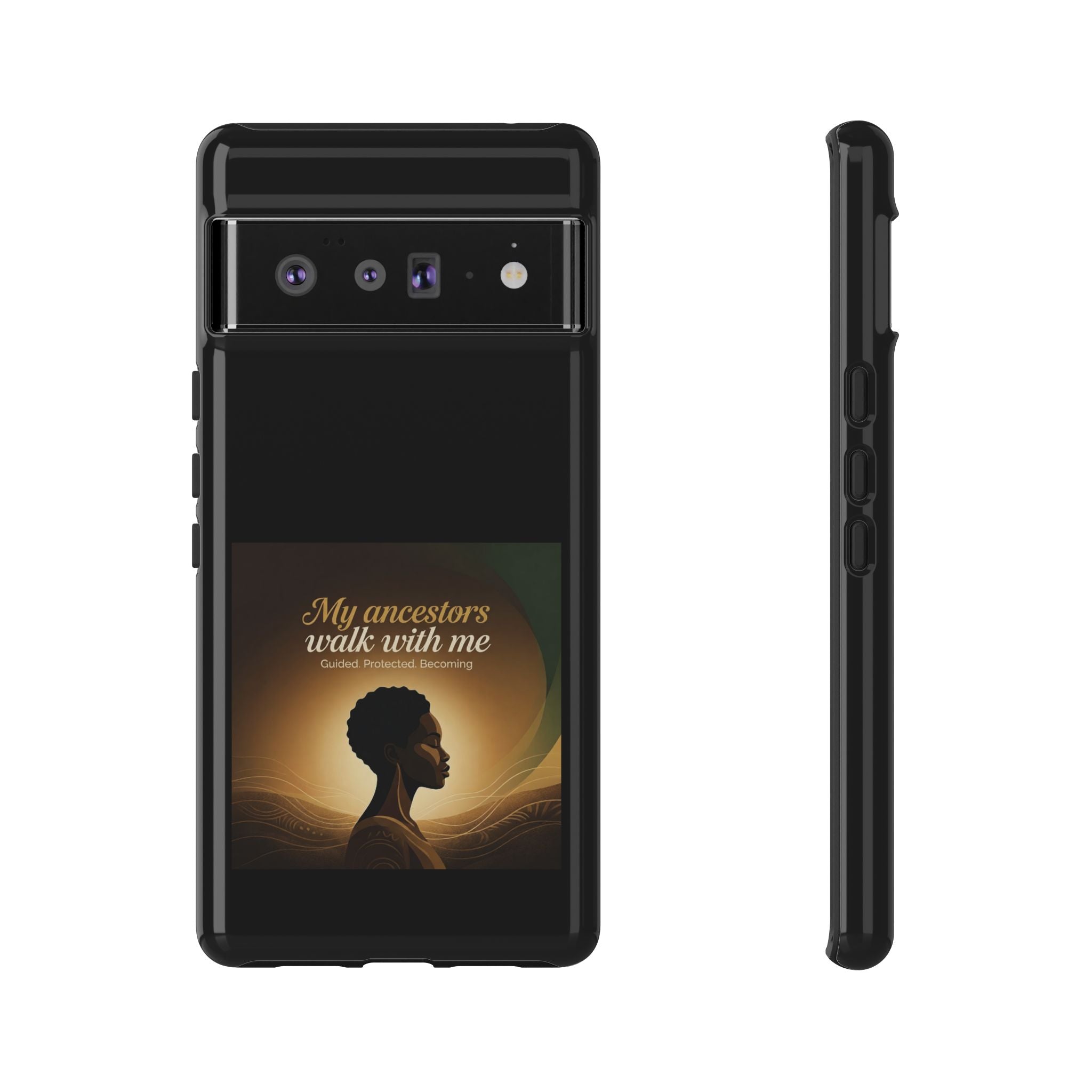 Black phone case with inspirational text and heritage design, protective cover for smartphones by Printify.