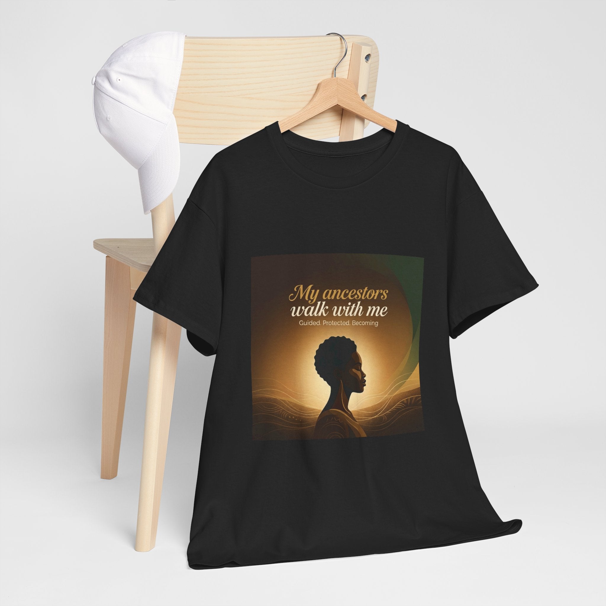 Black T-shirt featuring an African ancestral silhouette design, showcasing cultural heritage and spiritual connection.
