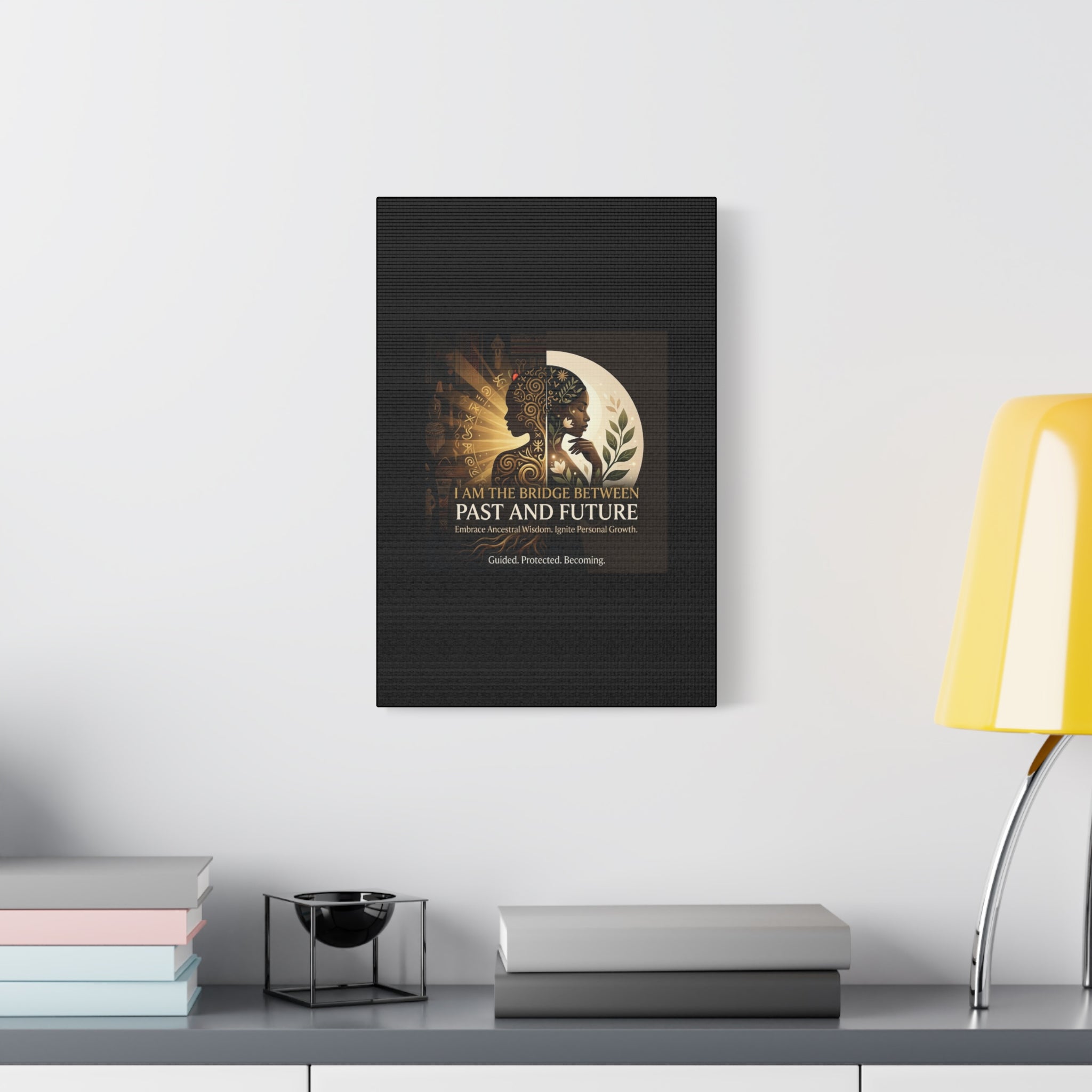 Canvas wall art titled "I Am the Bridge Between Past and Future" by Printify, featuring abstract design and vibrant colors.