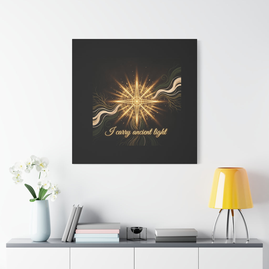 Matte canvas wall art featuring a golden compass with the text "I Carry Ancient Light" for elegant home decor.