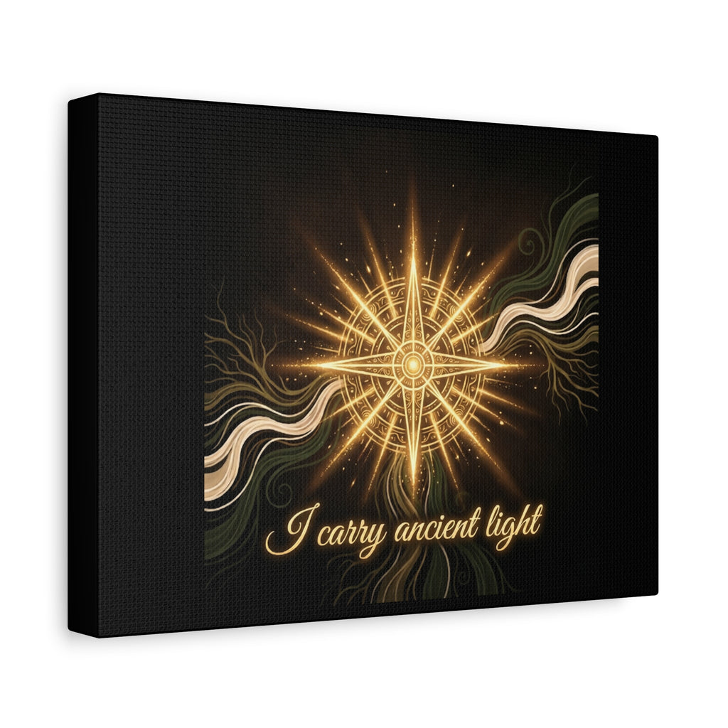 Matte canvas wall art titled "I Carry Ancient Light" featuring a golden compass design, ideal for wall decor.