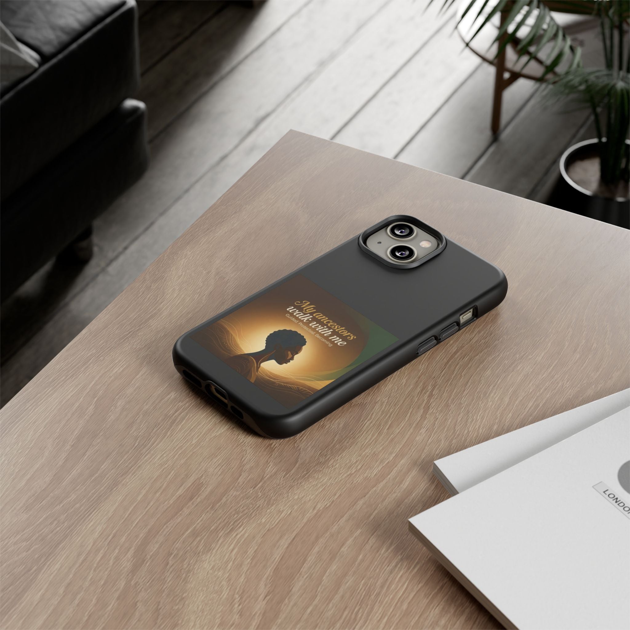Black phone case with inspirational text and heritage design, protective cover for smartphones by Printify.