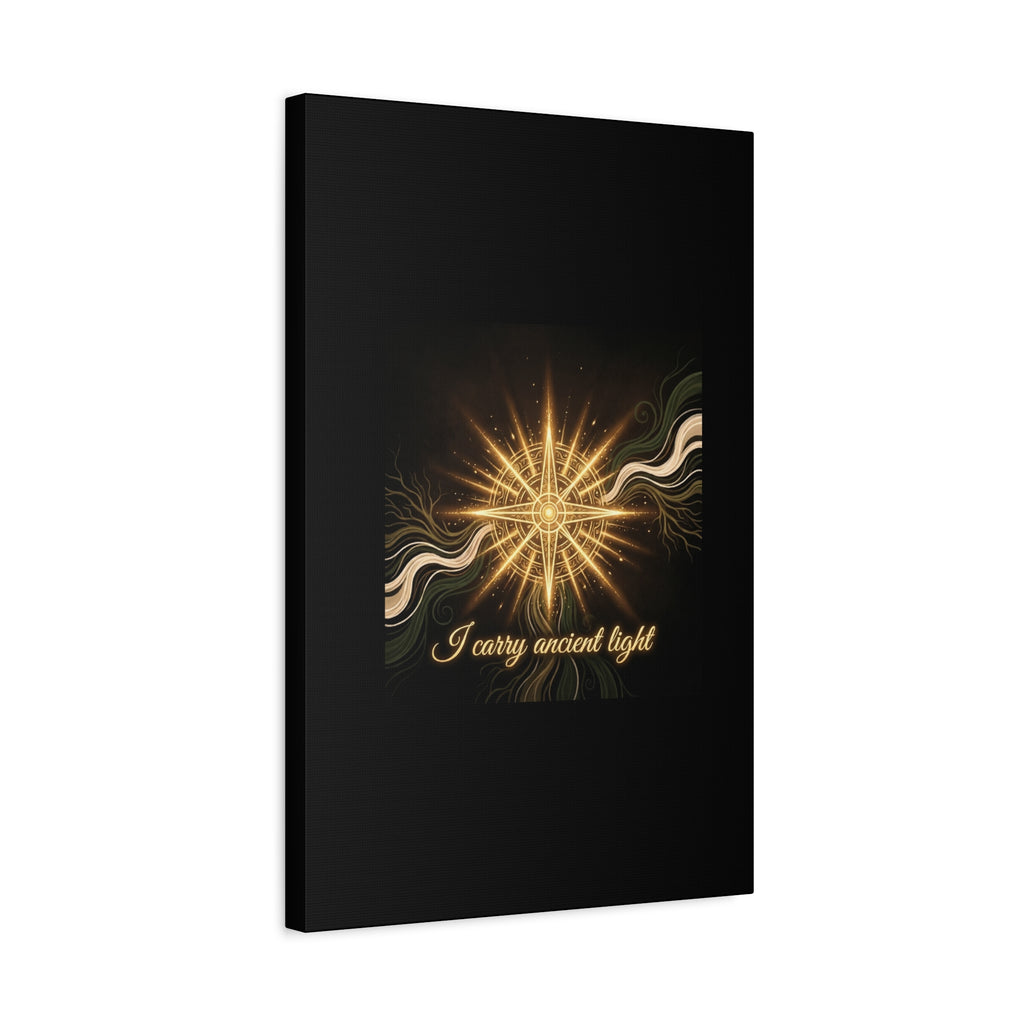 Matte canvas wall art titled "I Carry Ancient Light" featuring a golden compass design, by Printify, ideal for wall decor.