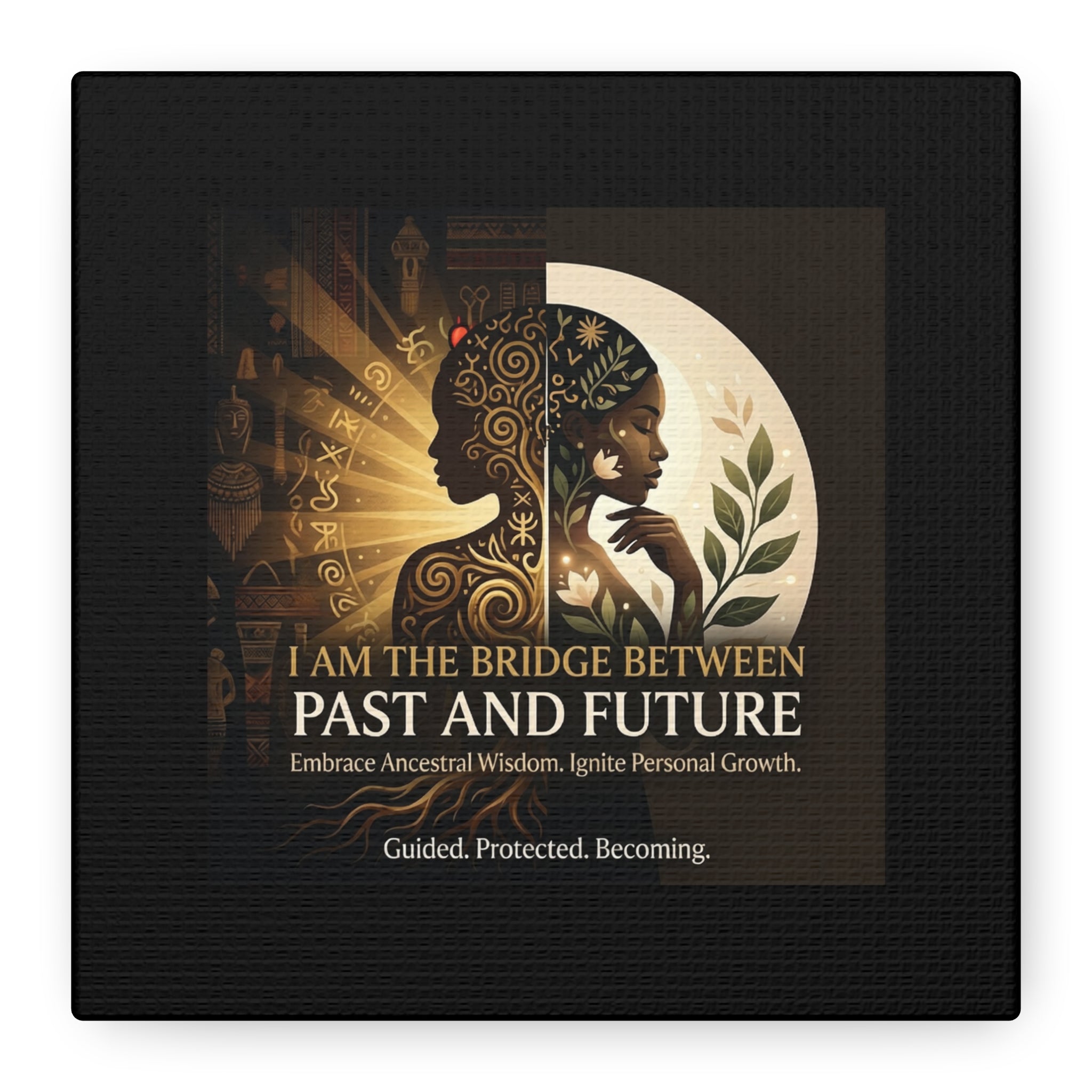 Canvas wall art titled "I Am the Bridge Between Past and Future" by Printify, featuring abstract design and vibrant colors.