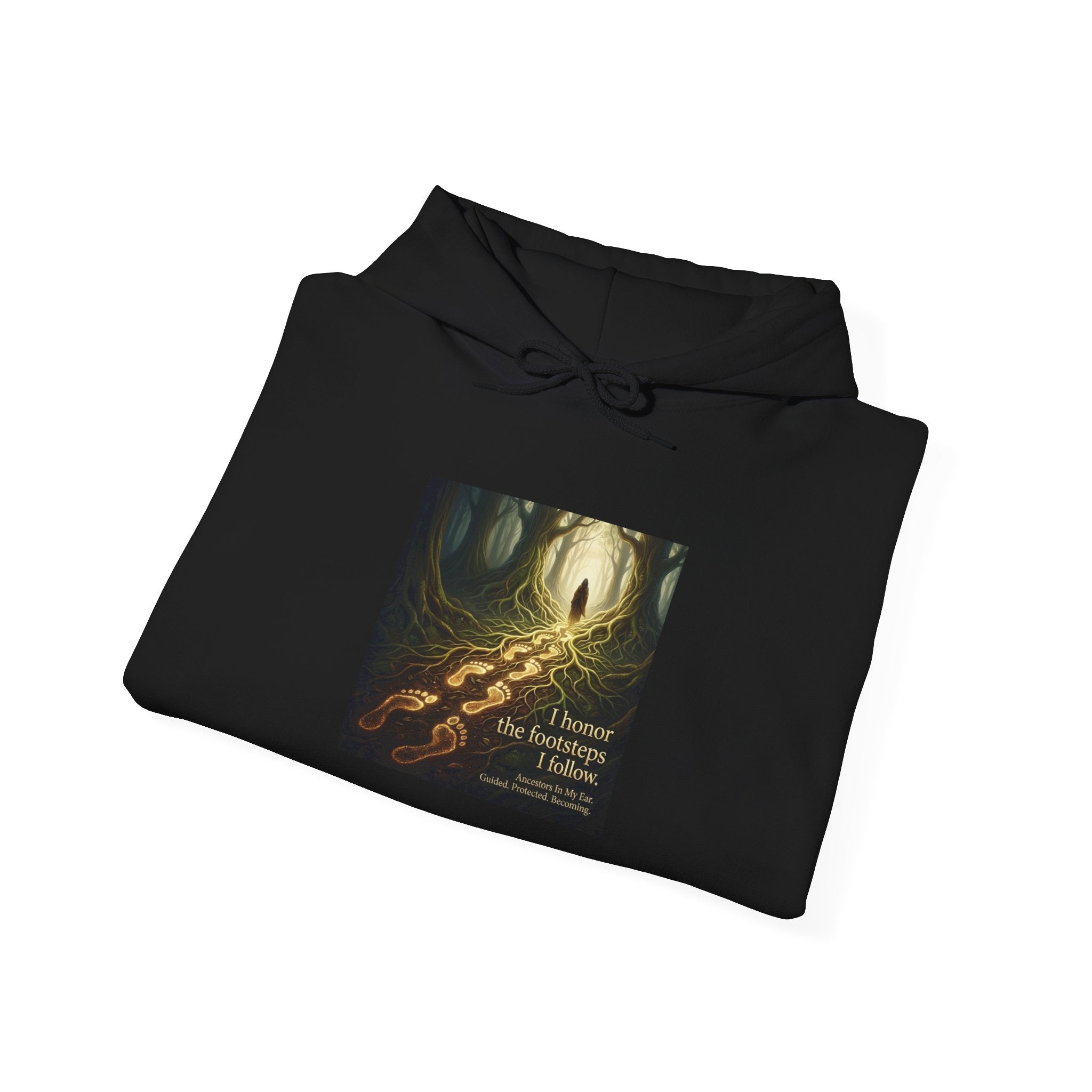 Printify hoodie featuring a fantasy dragon cave illustration titled "The Scavenger," showcasing detailed dragon and cave artwork.