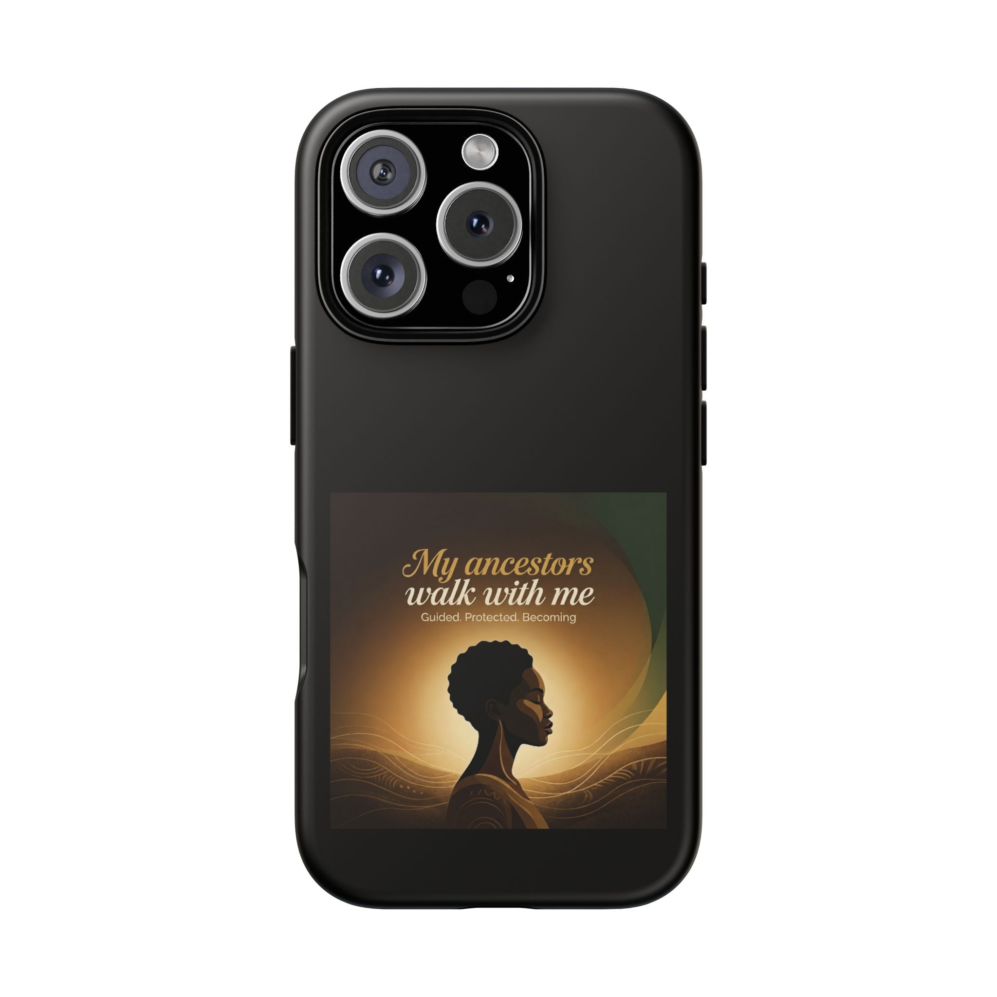 Black phone case with inspirational text honoring African heritage, designed by Printify for a protective, stylish accessory.