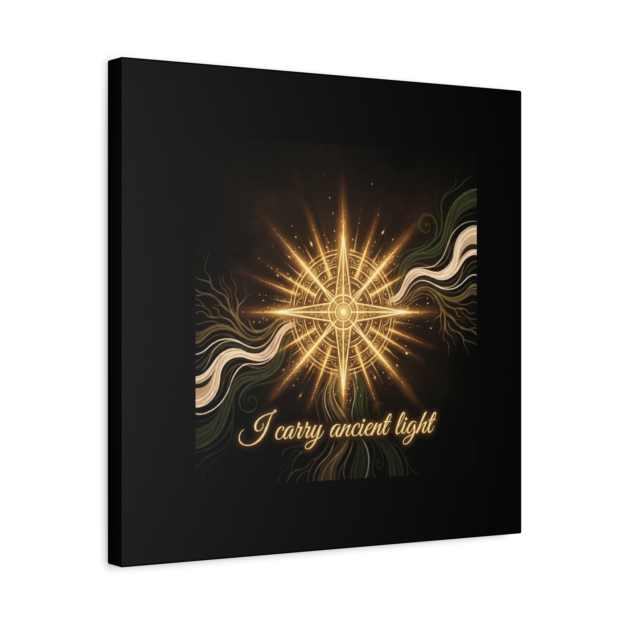 Matte canvas wall art titled "I Carry Ancient Light" featuring a golden compass design, by Printify for elegant home decor.