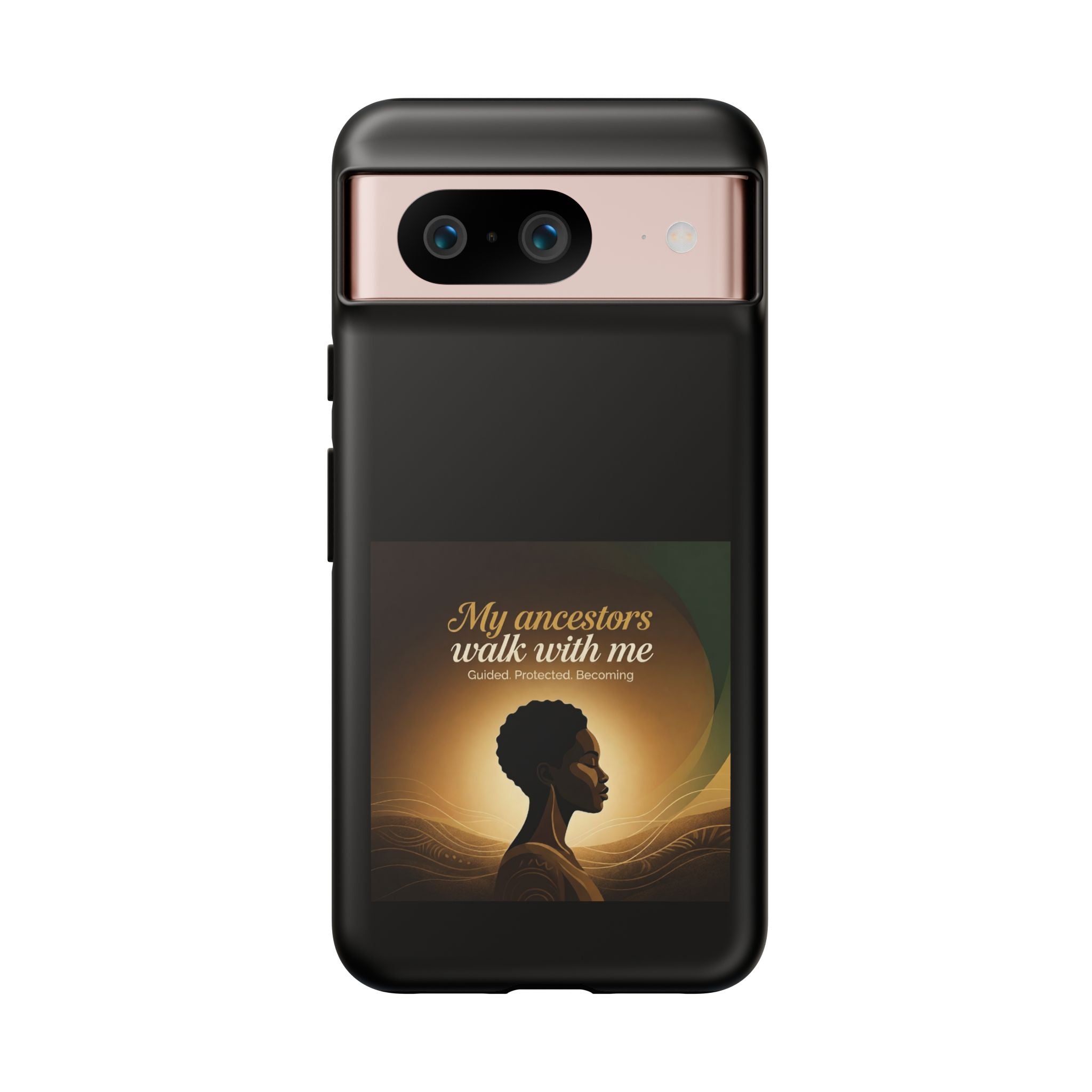 Black heritage phone case with inspirational design, protective cover for smartphone, featuring meaningful artwork and message.