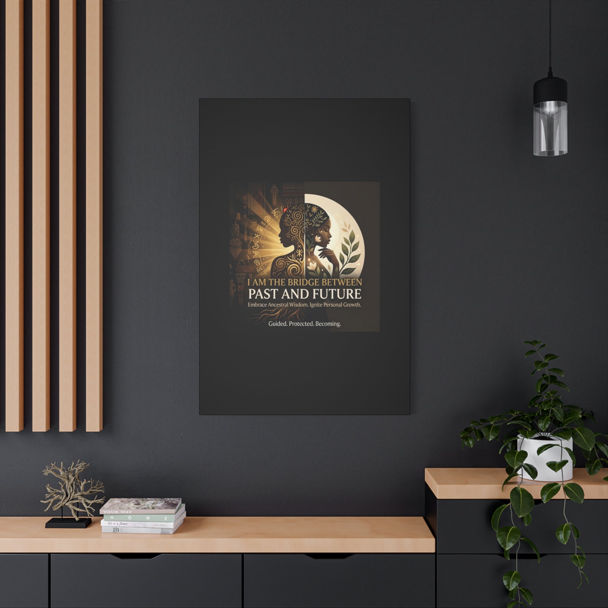 Canvas wall art titled "I Am the Bridge Between Past and Future" by Printify, featuring abstract imagery and vibrant colors.