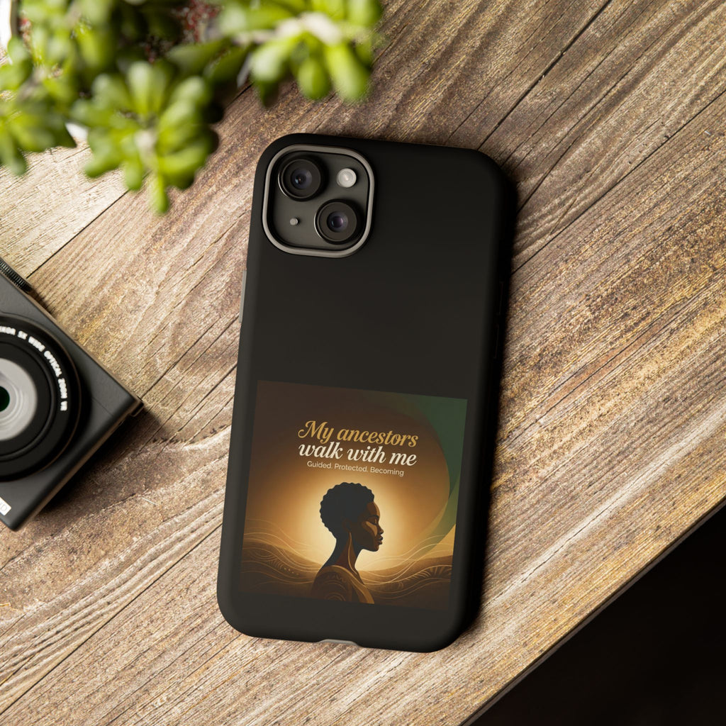 Black phone case featuring inspirational design honoring heritage, with protective cover for smartphone from Printify.
