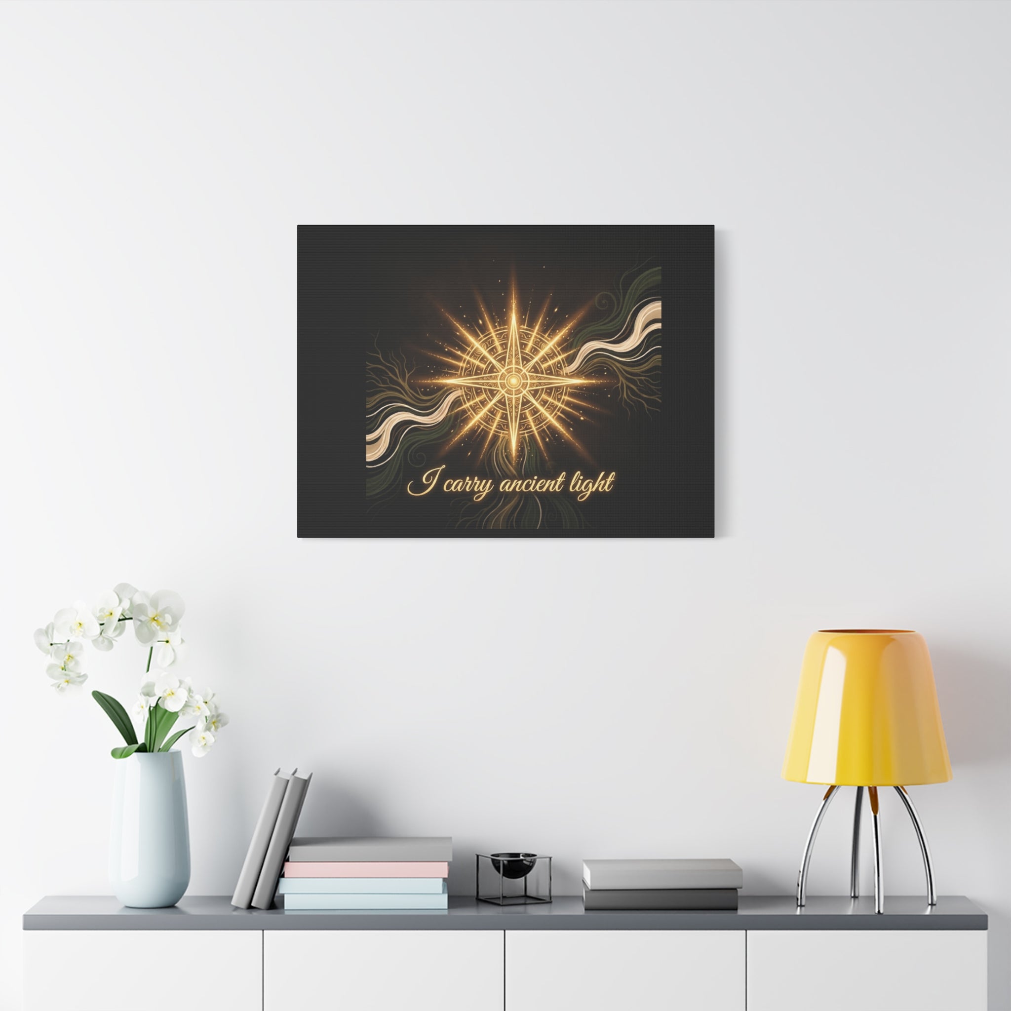 Matte canvas wall art titled "I Carry Ancient Light" featuring a golden compass design, printed by Printify for elegant home decor.