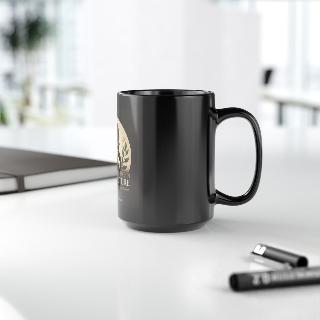Black ceramic mug featuring the affirmation "I Am the Bridge Between Past and Future" by Printify, 15oz size.