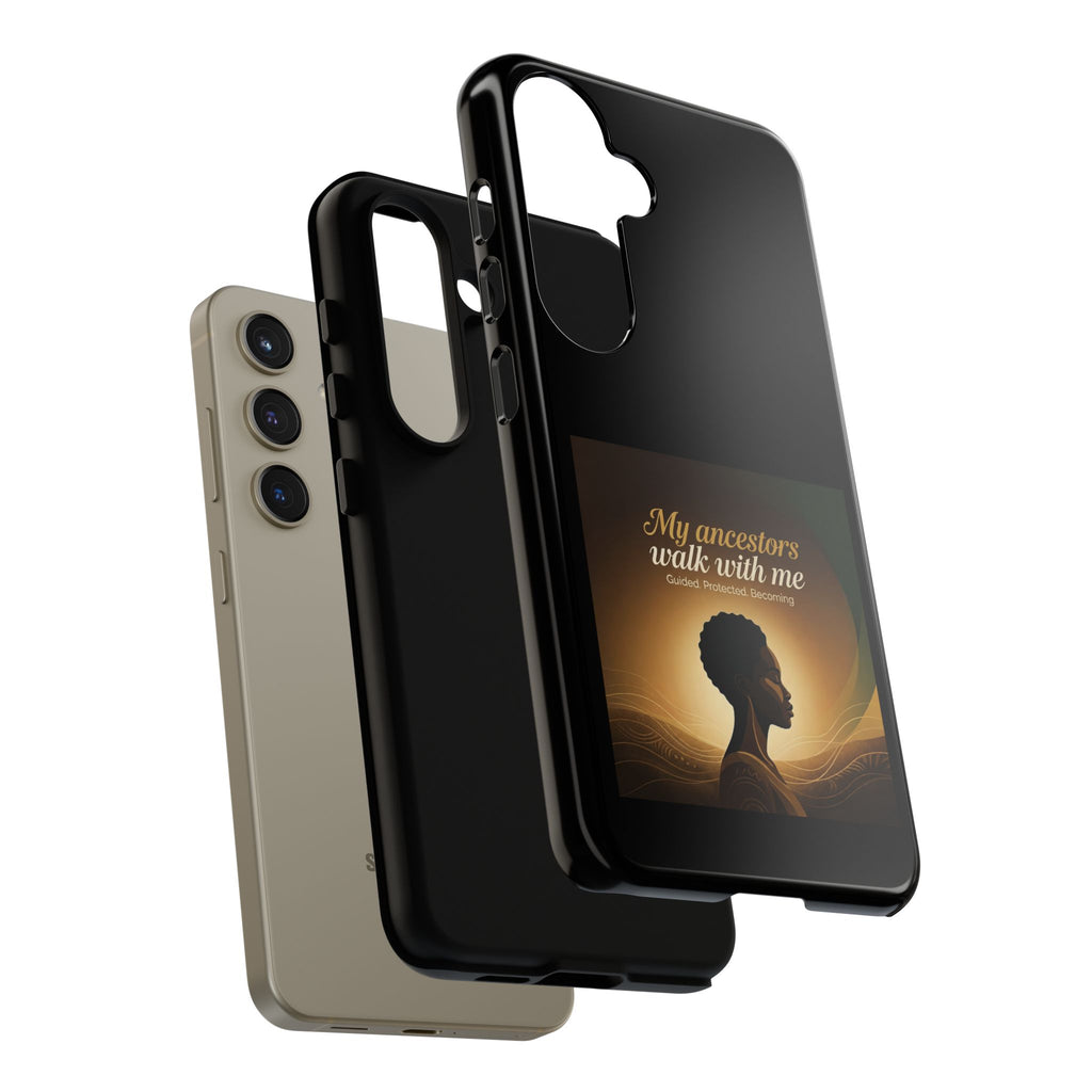 Black heritage phone case with inspirational quote design, protective cover for smartphones by Printify.