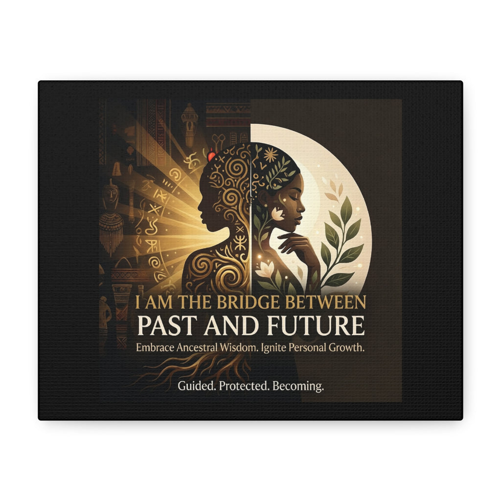 Canvas wall art titled "I Am the Bridge Between Past and Future" by Printify, showcasing a vibrant, abstract design.
