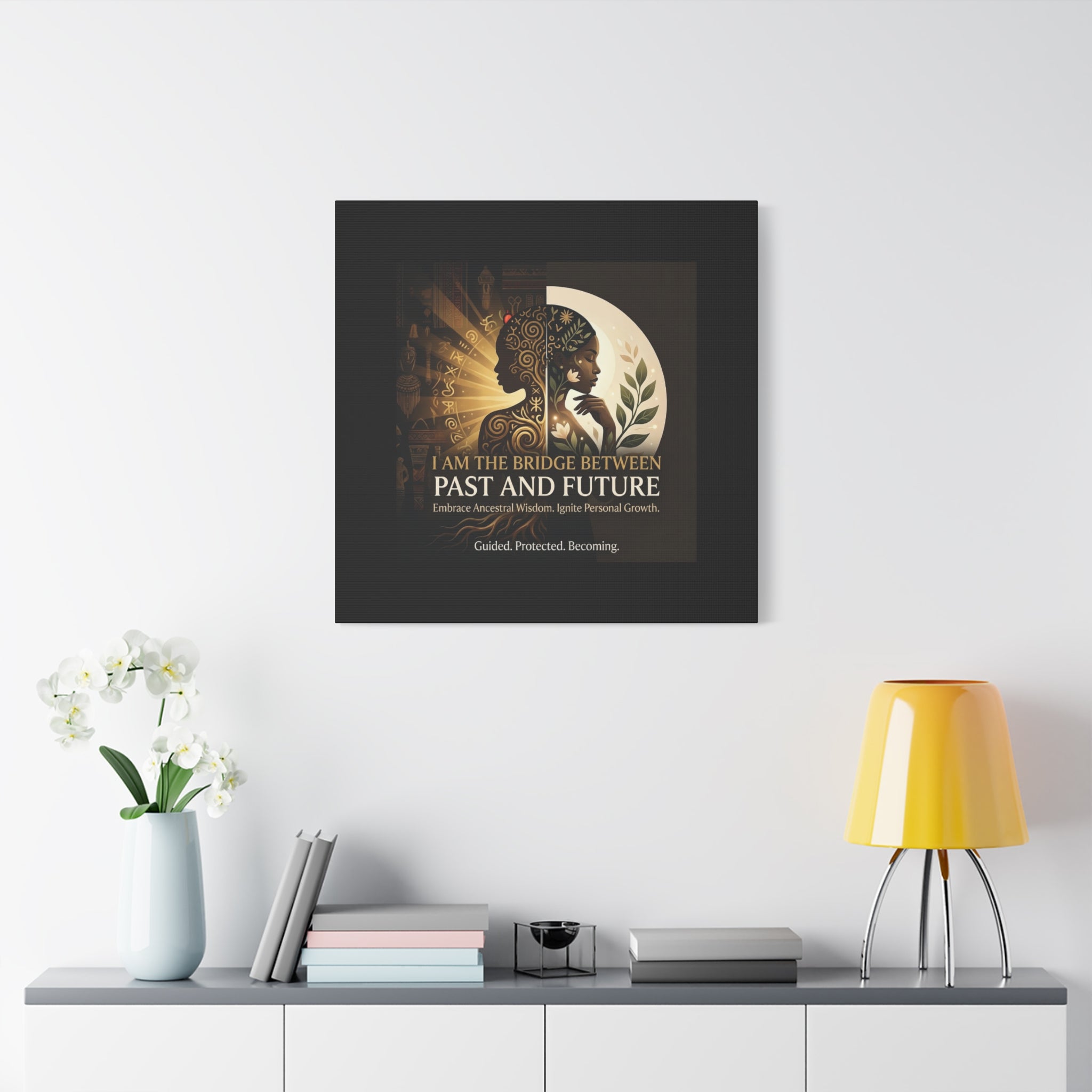 Canvas wall art titled "I Am the Bridge Between Past and Future" by Printify, featuring a colorful abstract design.