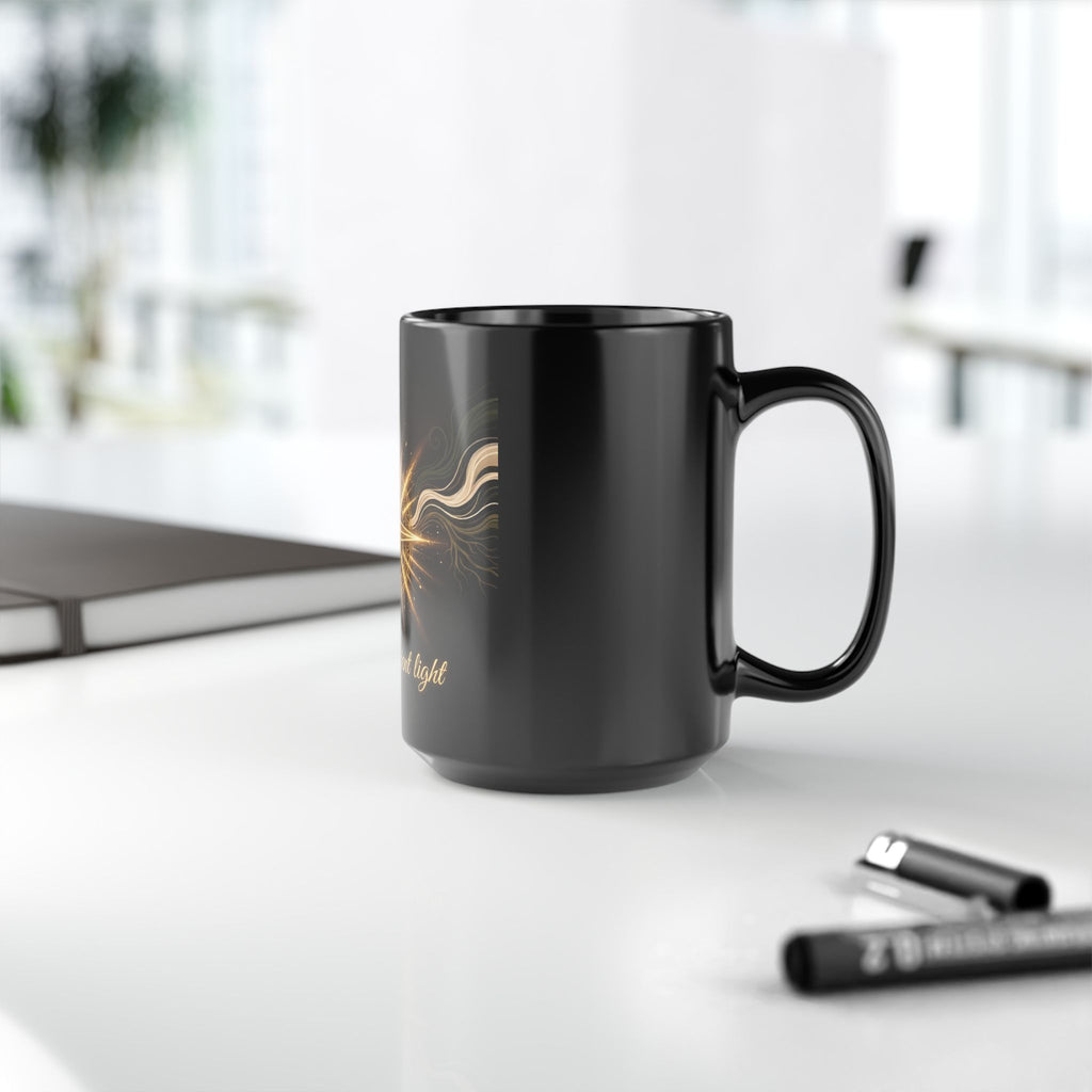 15oz Black Mug — "I Carry Ancient Light" Golden Compass Spiritual Coffee Cup - Ancestors In My Ear 