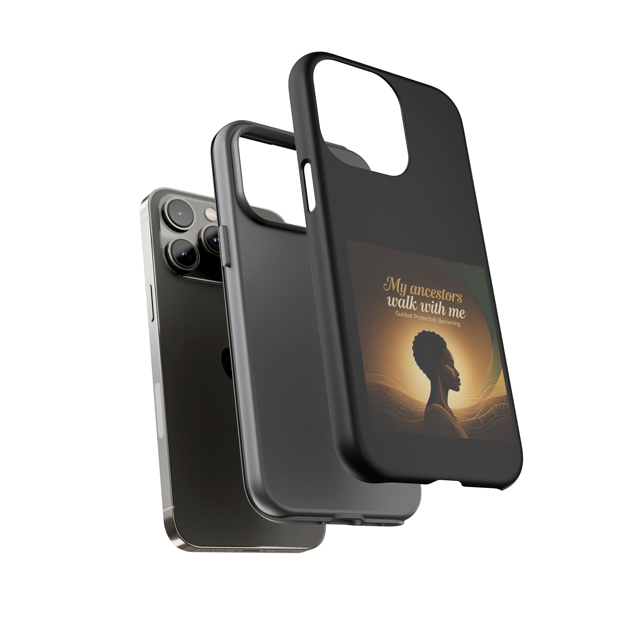 Black phone case with inspirational design honoring Black heritage, featuring the phrase "My Ancestors Walk With Me" on a protective cover.