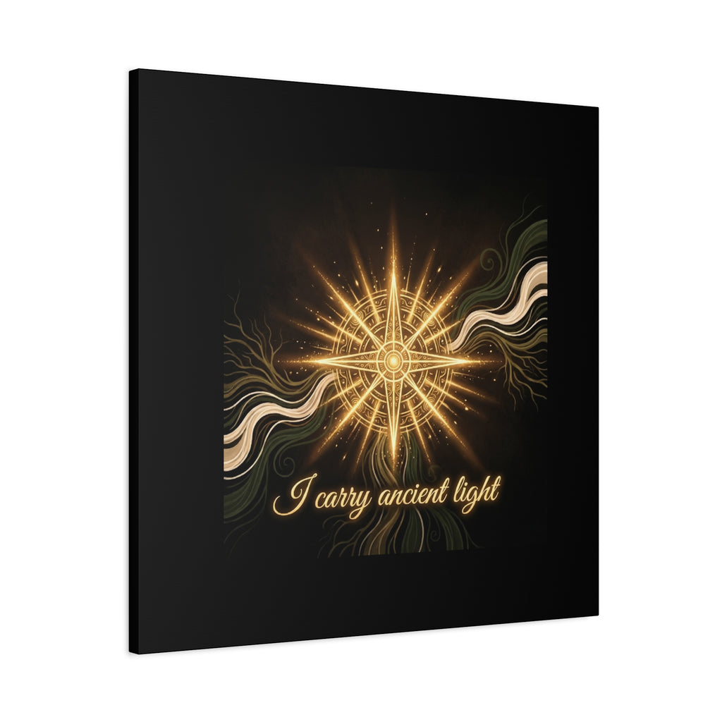 Matte canvas art titled "I Carry Ancient Light" featuring a golden compass design for wall decor.
