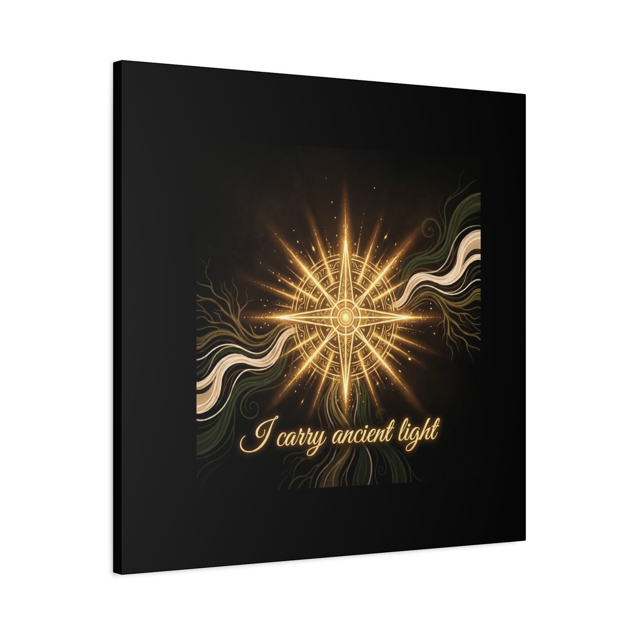 Matte canvas art titled "I Carry Ancient Light" featuring a golden compass design for wall decor.
