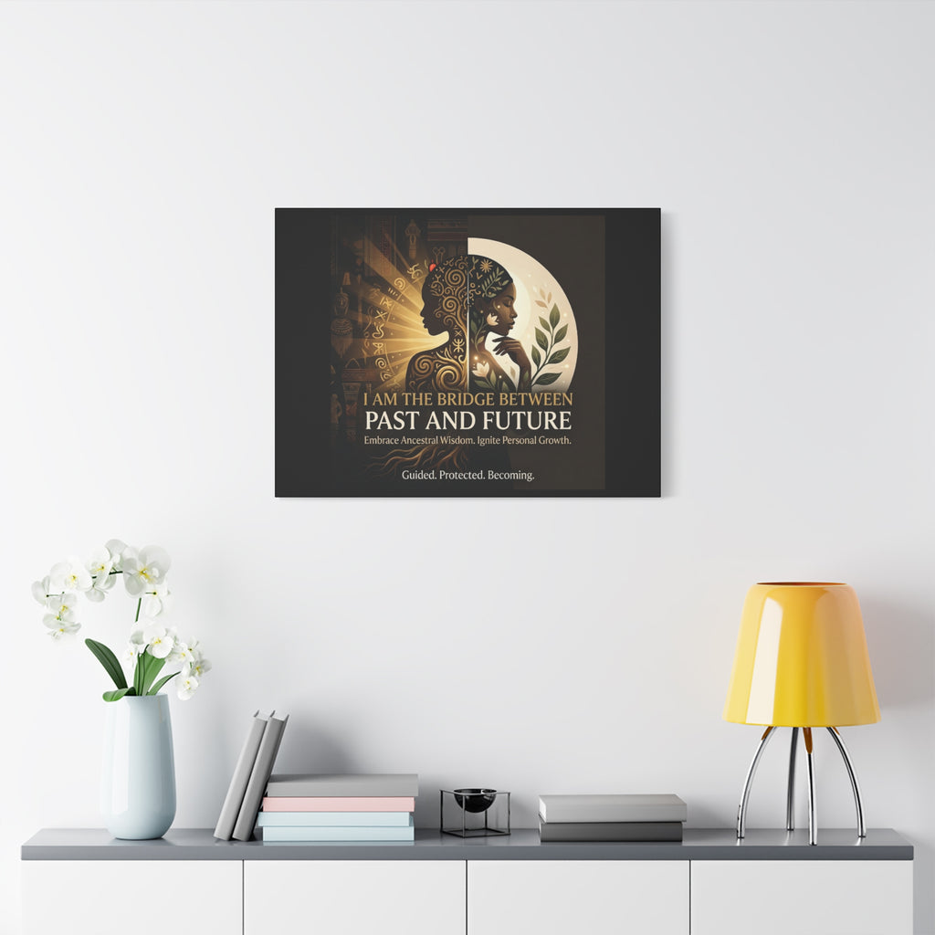 Canvas wall art titled "I Am the Bridge Between Past and Future" by Printify, featuring abstract imagery and vibrant colors.