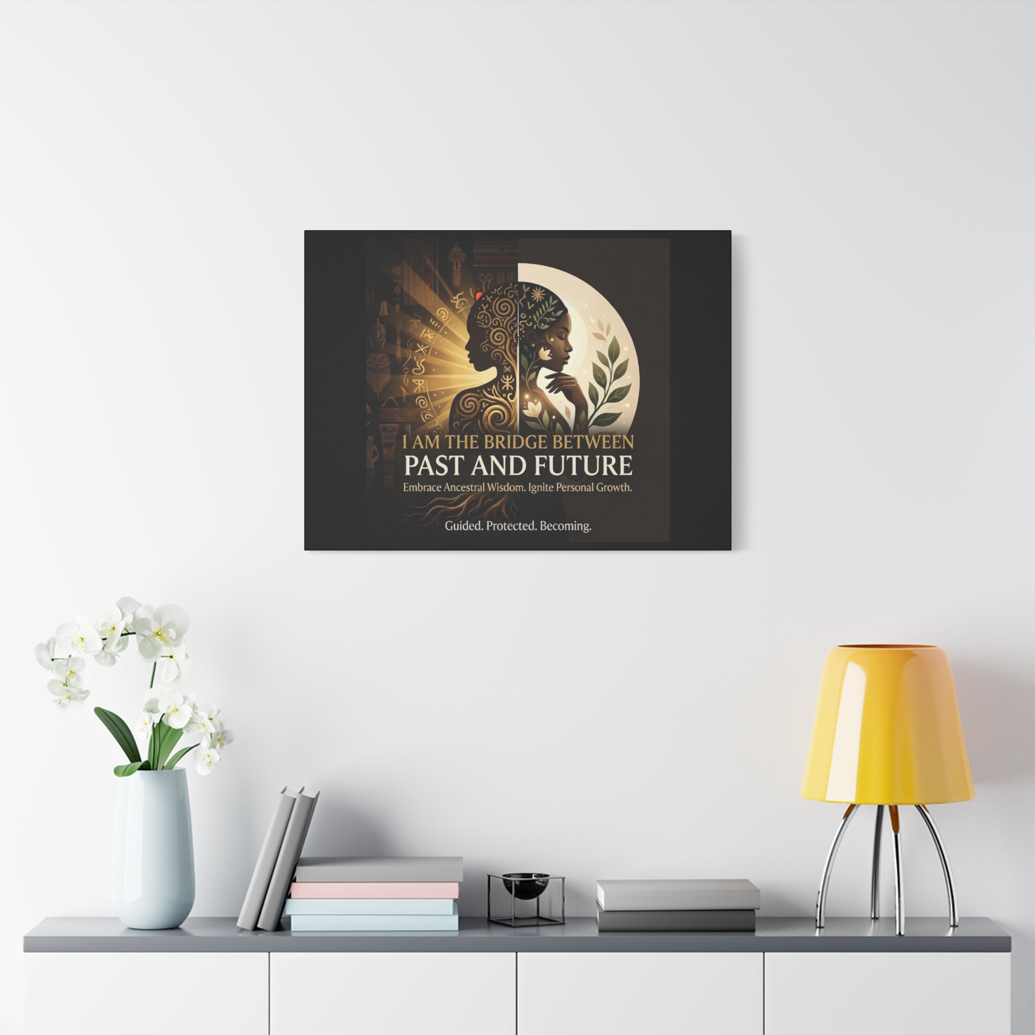 Canvas wall art titled "I Am the Bridge Between Past and Future" by Printify, featuring abstract imagery and vibrant colors.