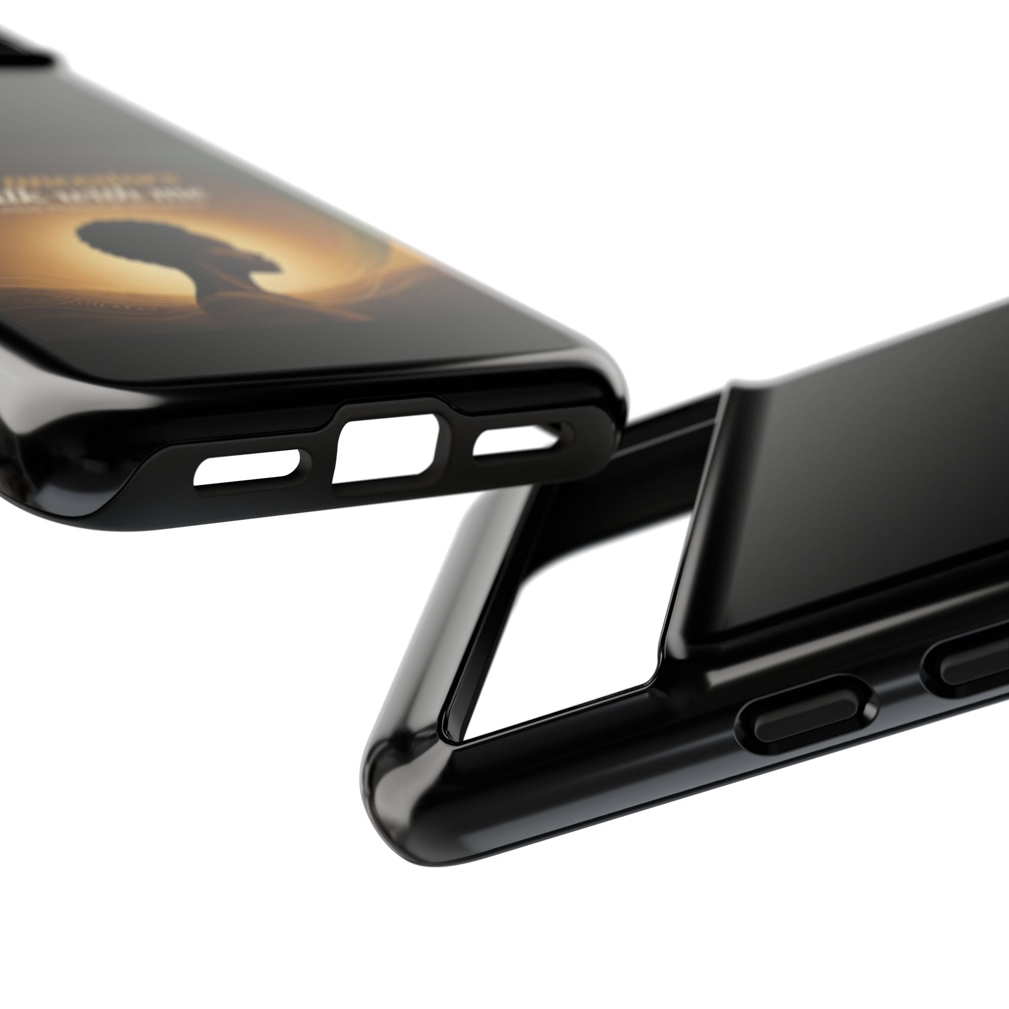 Black phone case with inspirational design honoring African heritage, featuring the message "My Ancestors Walk With Me" by Printify.