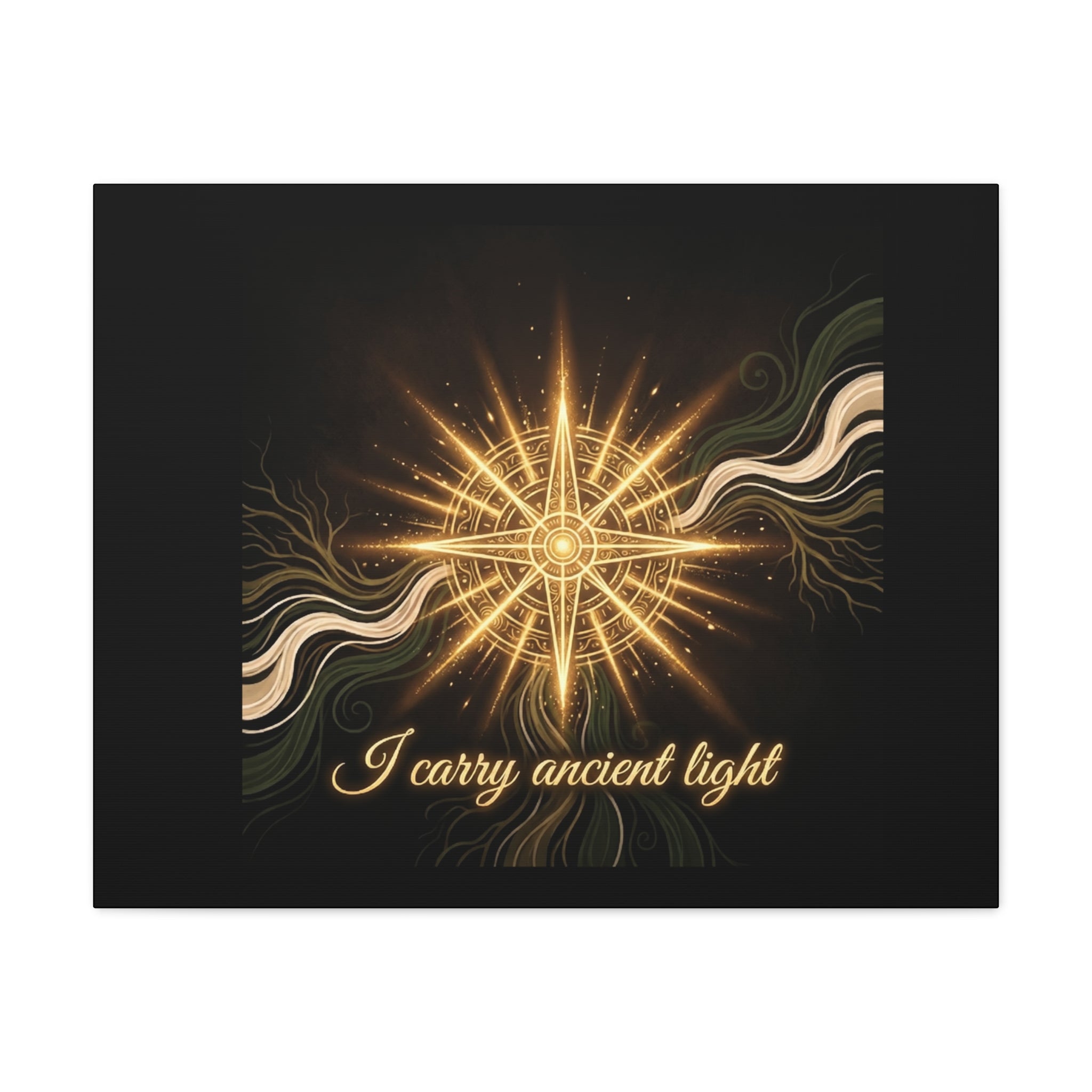 Matte canvas wall art titled "I Carry Ancient Light" featuring a golden compass design, ideal for home or office decor.