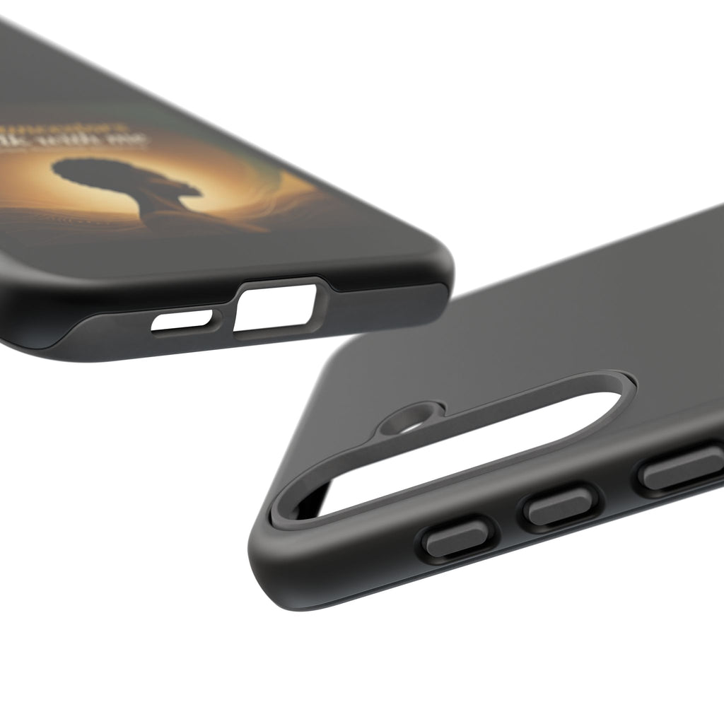 Black phone case with inspirational text honoring heritage for iPhone, featuring a protective design by Printify.