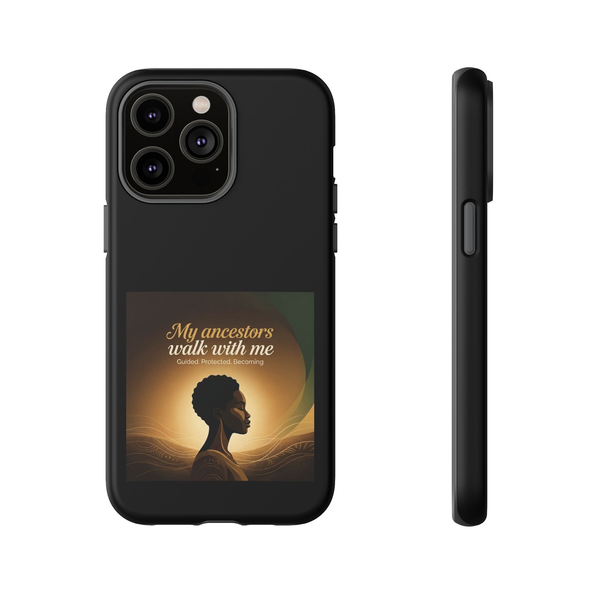 Black phone case with inspirational message honoring Black heritage, designed by Printify for iPhone protection.