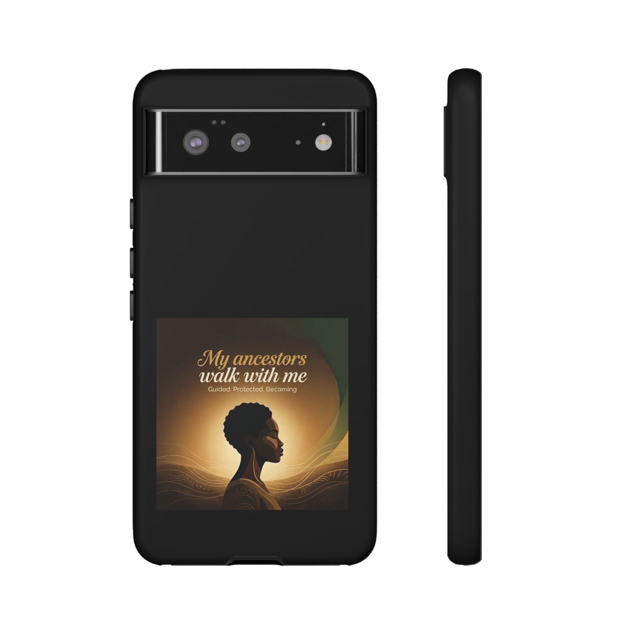 Black phone case with inspirational message honoring heritage, designed by Printify, featuring meaningful artwork and protective features.