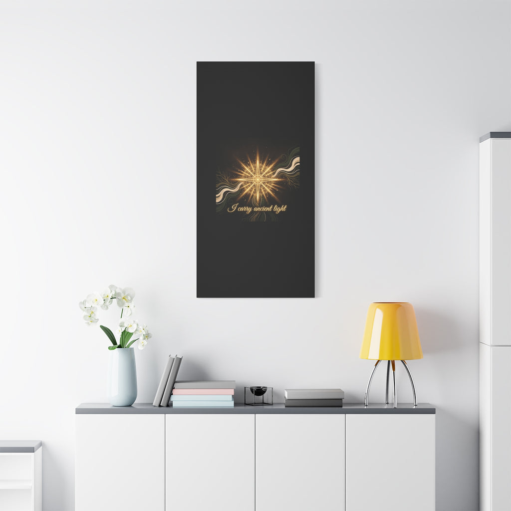 Matte canvas wall art featuring a golden compass design titled "I Carry Ancient Light," by Printify, suitable for home decor.