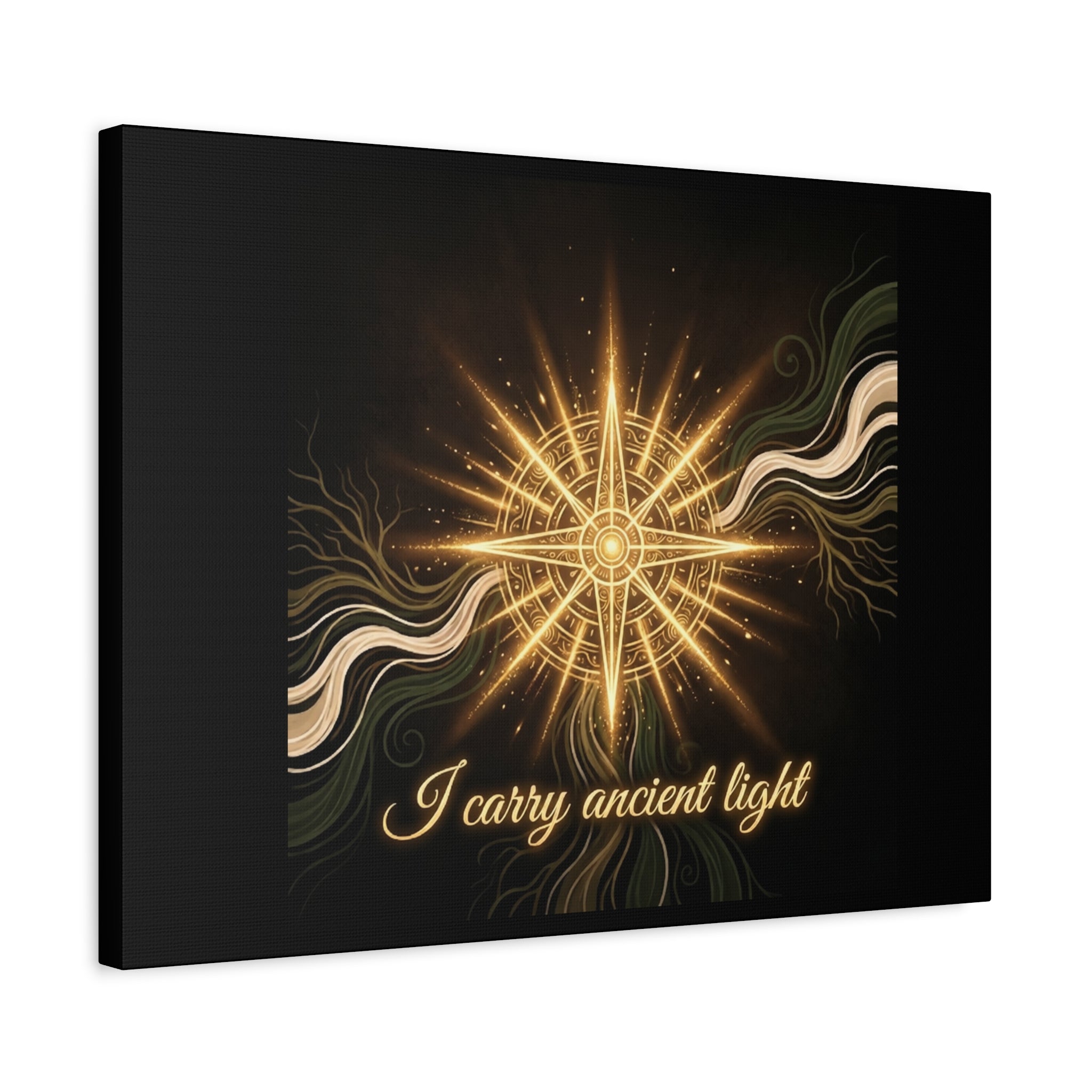 Matte canvas wall art titled "I Carry Ancient Light" featuring a golden compass design, created by Printify.