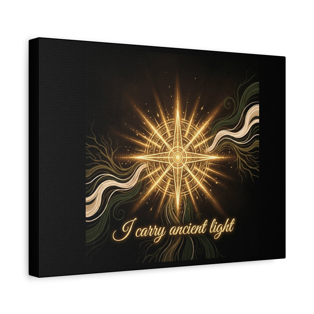 Matte canvas wall art titled "I Carry Ancient Light" featuring a golden compass design, by Printify, suitable for home decor.