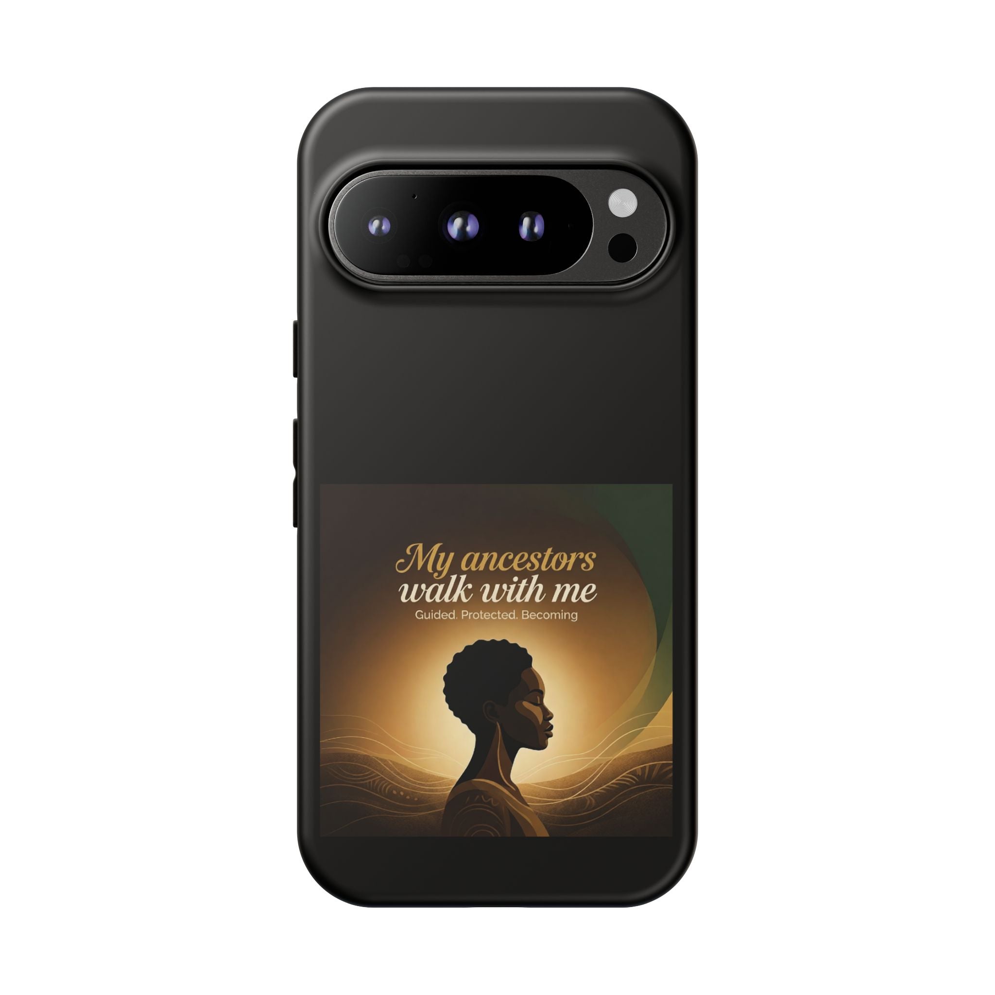 Black phone case with inspirational quote and African heritage design, protective cover for smartphone by Printify.
